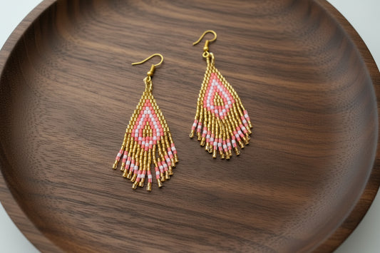 Sakari Gold & Coral Handmade Beaded Earrings - Mini Size