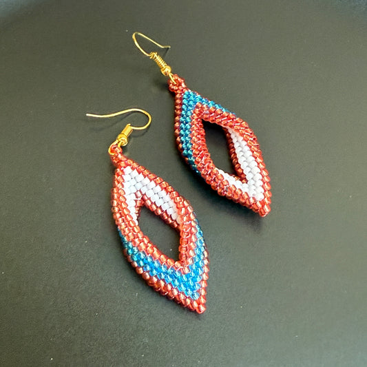 Setia White, Blue & Rose Gold Handmade Beaded Leaf Earrings