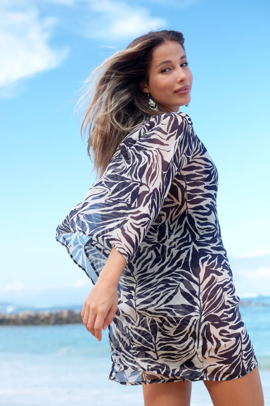 Stylish and Eco-Friendly Women's Silk Chiffon Beach Kaftan swimsuit cover up, sustainably Handmade in Bali