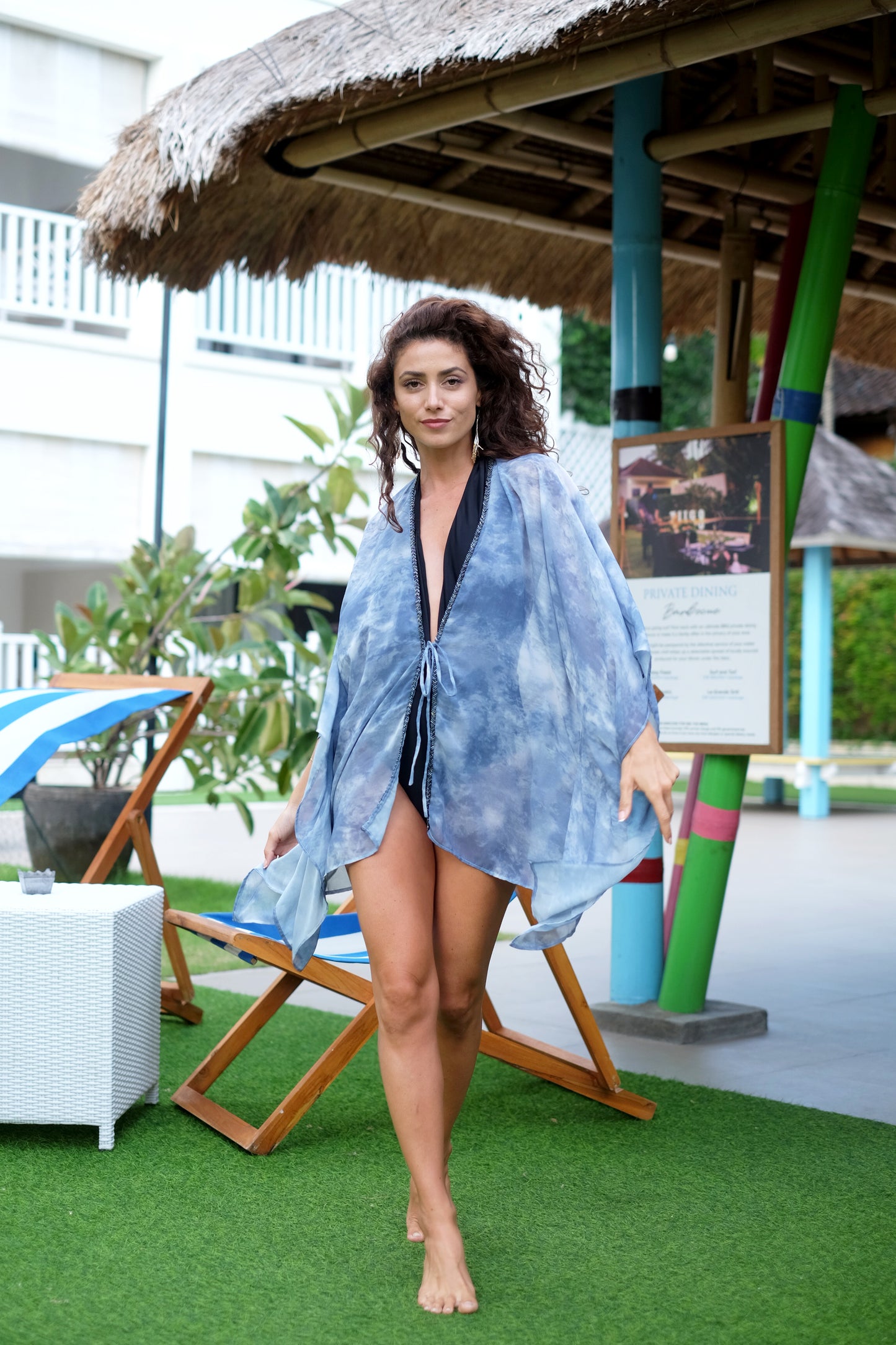 Lightweight beach kaftan cover up in blue-gray tie-dye chiffon for effortless resort style, sustainable swimwear cover up for women looking for best beach kaftans in Dubai