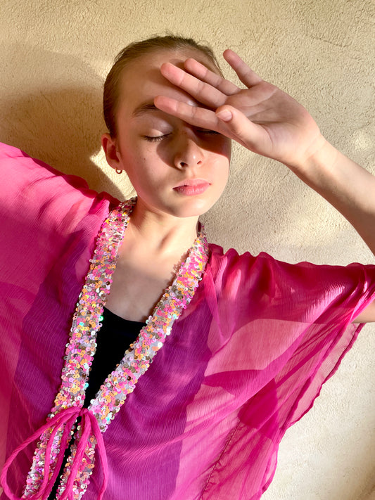 Lightweight girls beach cover-up in pink crepe chiffon with hand-sewn sequins – ethical kidswear Dubai