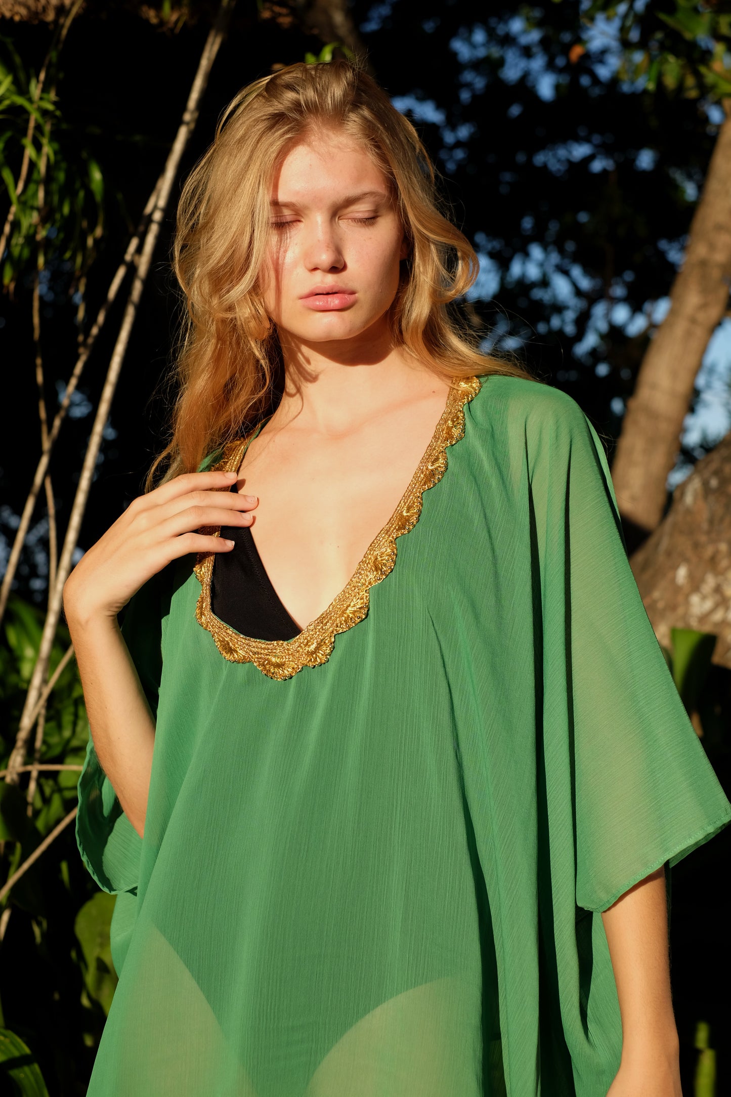 Bali-Made Nafeesa Green Modern Beach Kaftan, Sustainable Resort Wear and swimsuit cover ups for women in Dubai