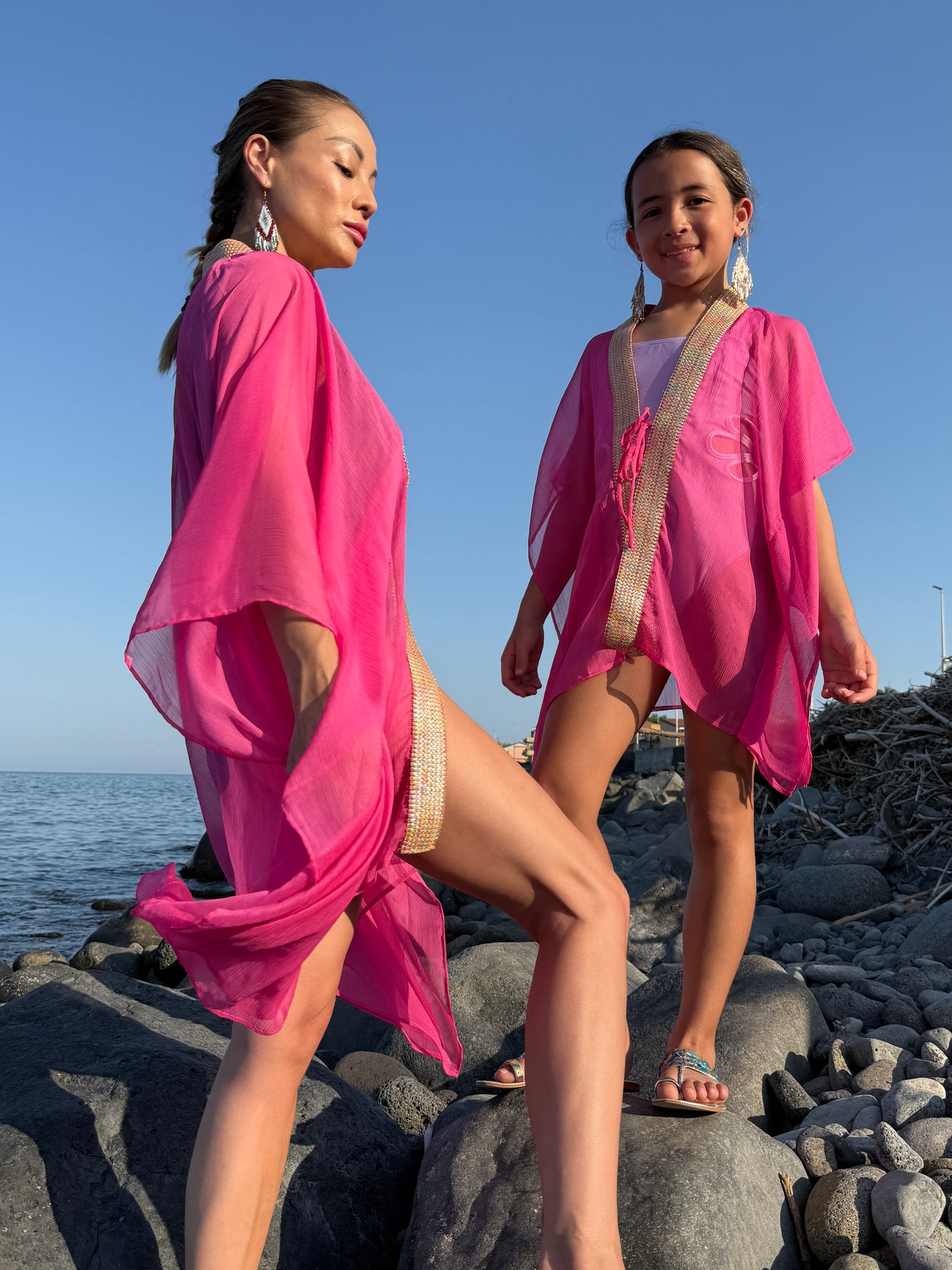 Matching with mommy in a pink chiffon beach kaftan made for Dubai beachwear