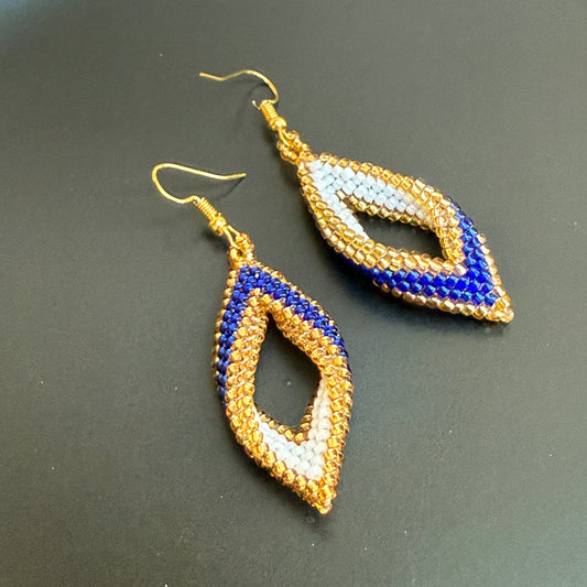 Setia White & Blue Handmade Beaded Leaf Earrings