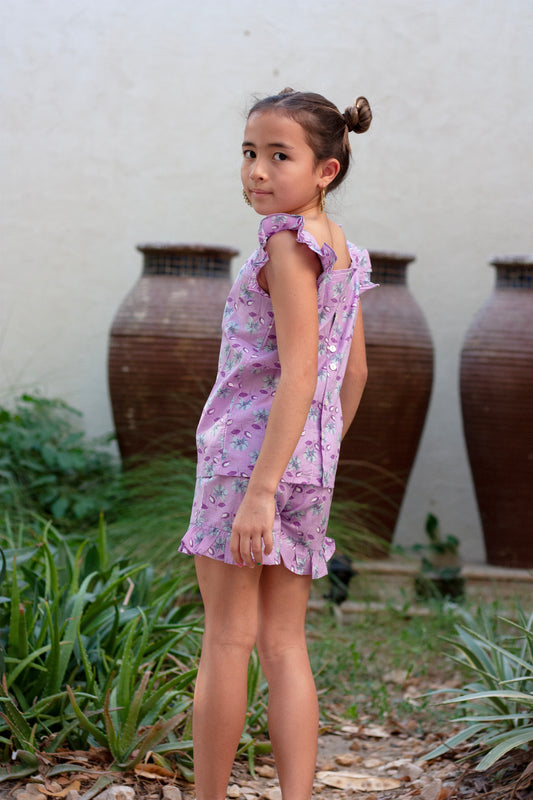Purple floral Indian artisan-made hand stamped cotton block print coord set for girls