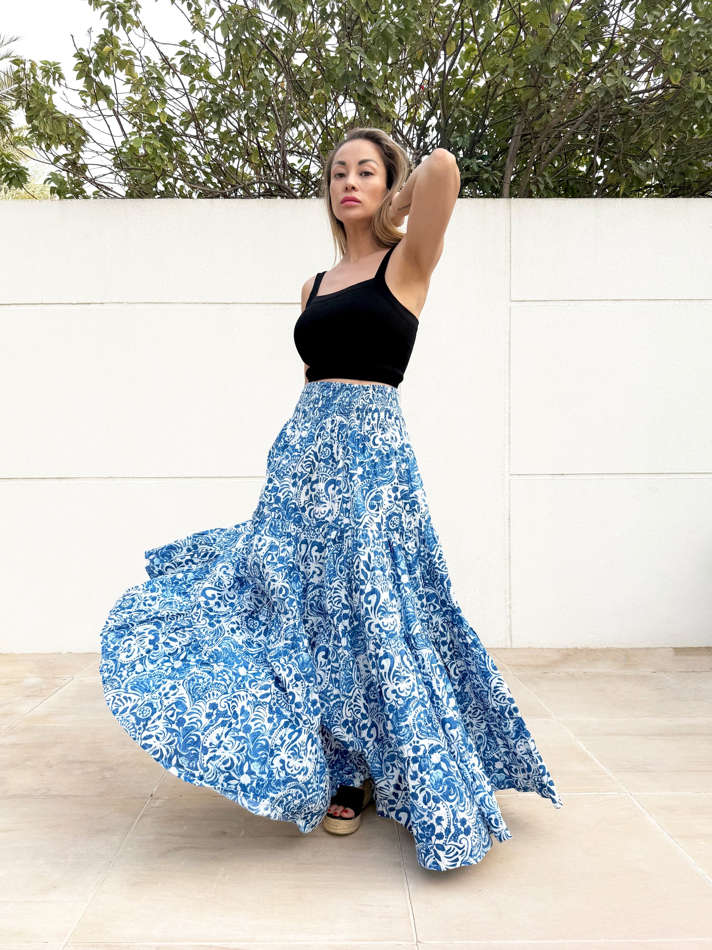 Gaia Boho chic blue floral sustainable cotton maxi skirt, handstamped block printed fabric, for sale in Dubai