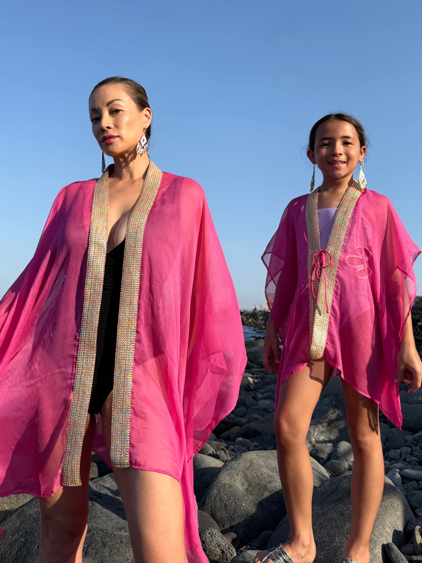 Mom and daughter coordinating hot pink beach kaftan set, Bali-made for Dubai's beaches & beyond