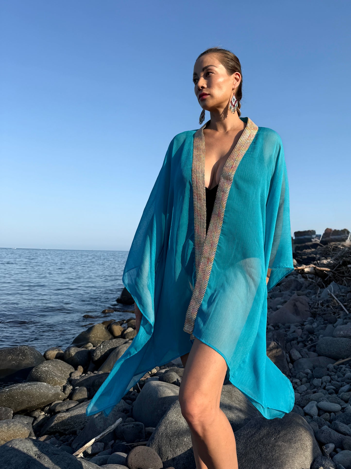 Dubai beach kaftan for women in teal green with gold neckline trim