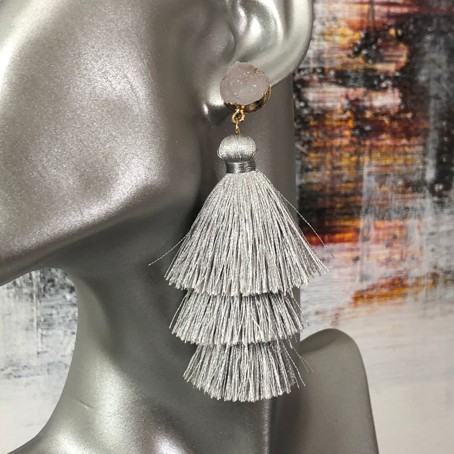 Lightweight 3-tier silk thread tassel earrings with druzy resin accents in light grey