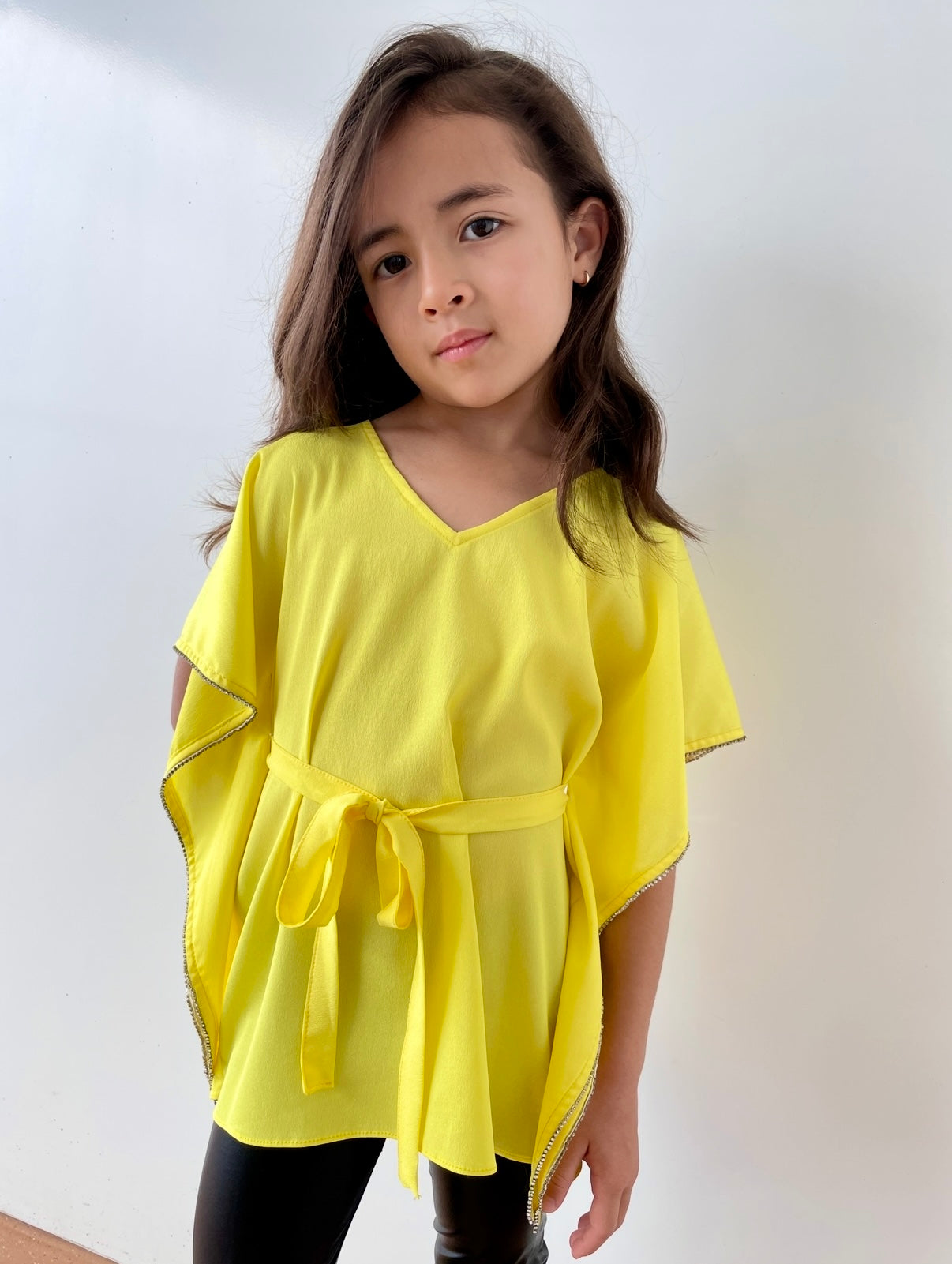 Stella kids yellow belted beach kaftan with rhinestones for stylish girls in Dubai