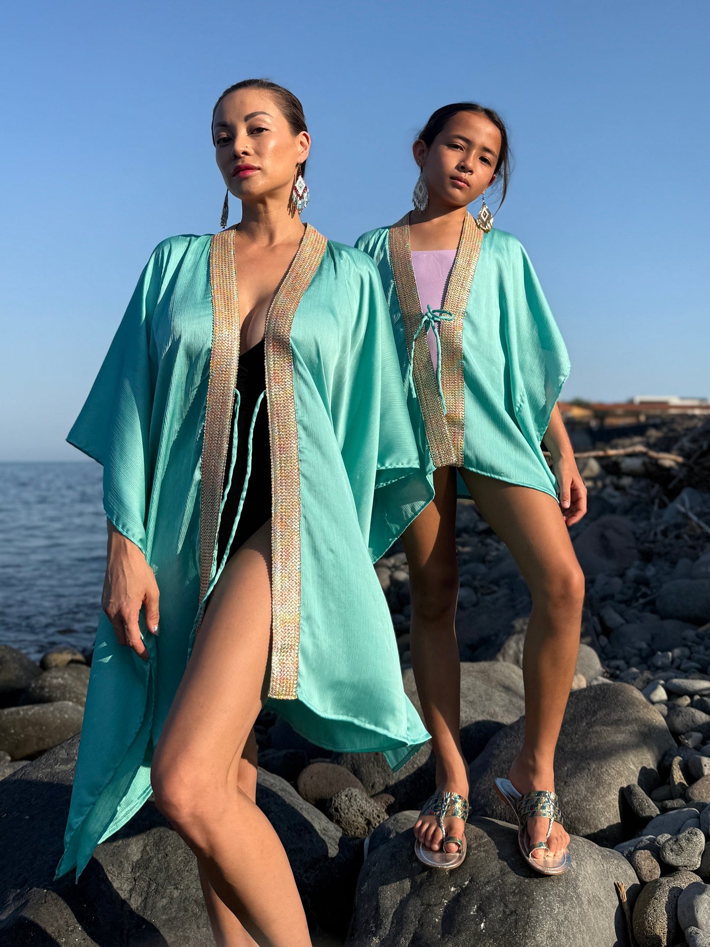 Mint chiffon women’s beach kaftan cover-up in a Mommy and Me matching set for Dubai moms and daughters