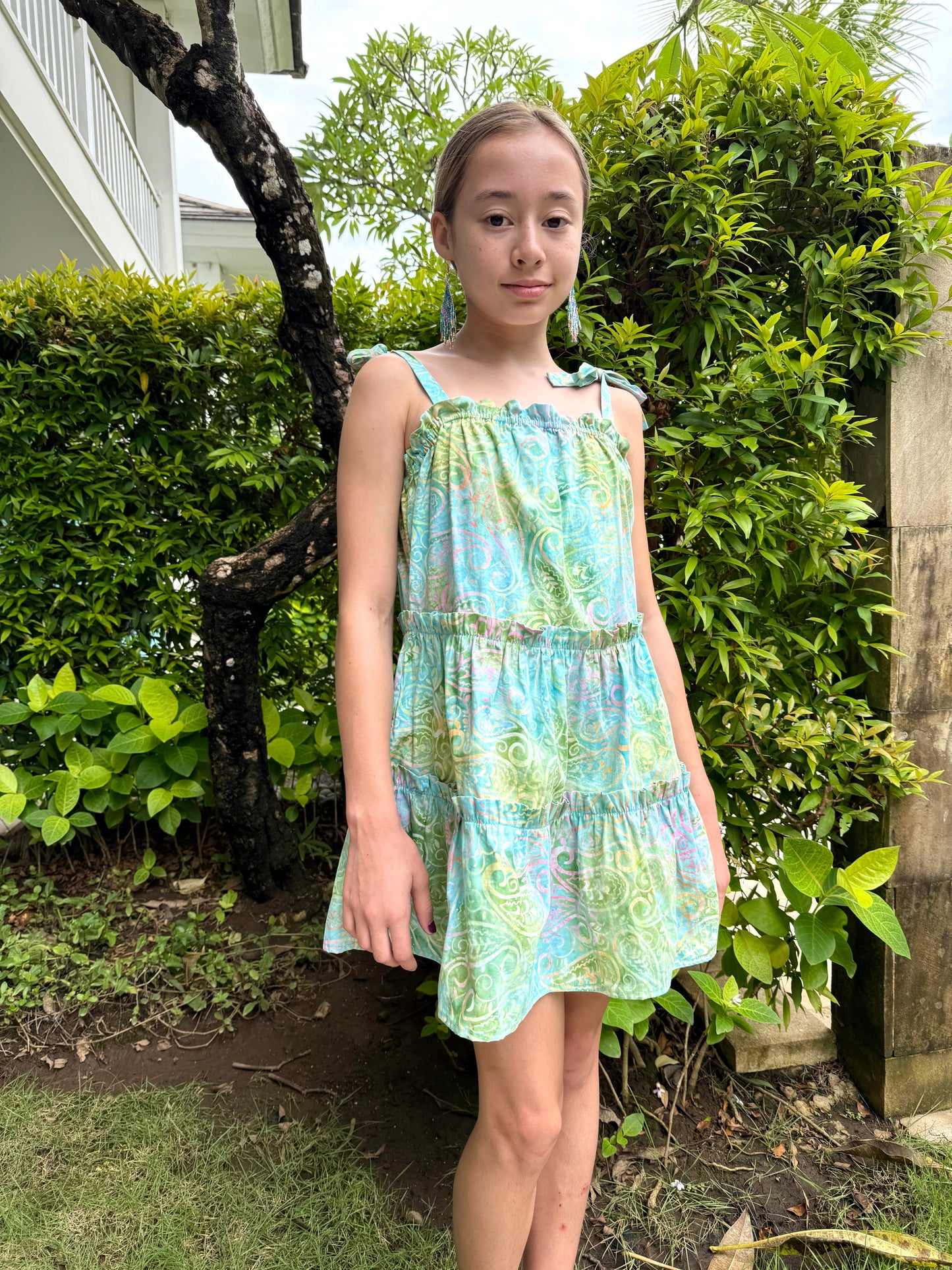 layla girls artisan-made batik sundress in light blue paisley with adjustable shoulder straps, sustainably made in Bali for Dubai girls