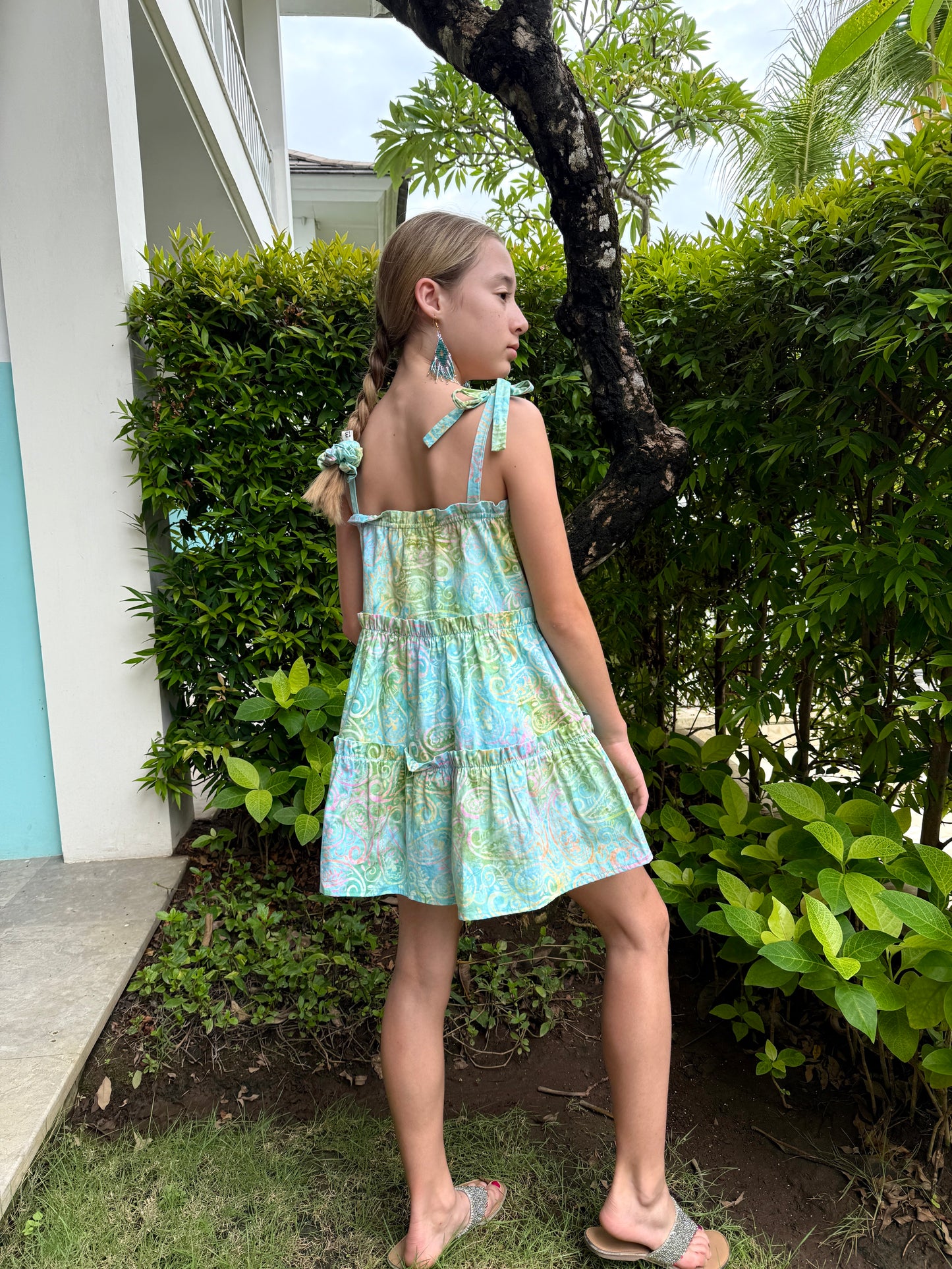handmade in Bali kids cotton batik sundress in light blue paisley and handmade bead earring, for girls in Dubai