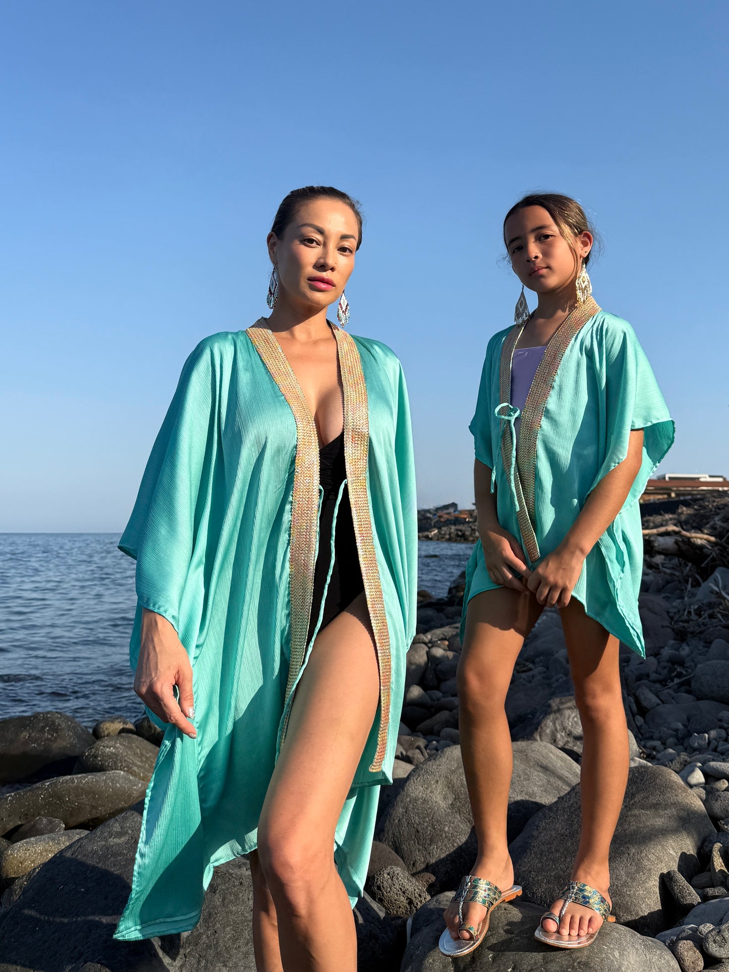 Lara women’s beach kaftan in mint chiffon with matching daughter style, both are limited edition Dubai beach cover-ups