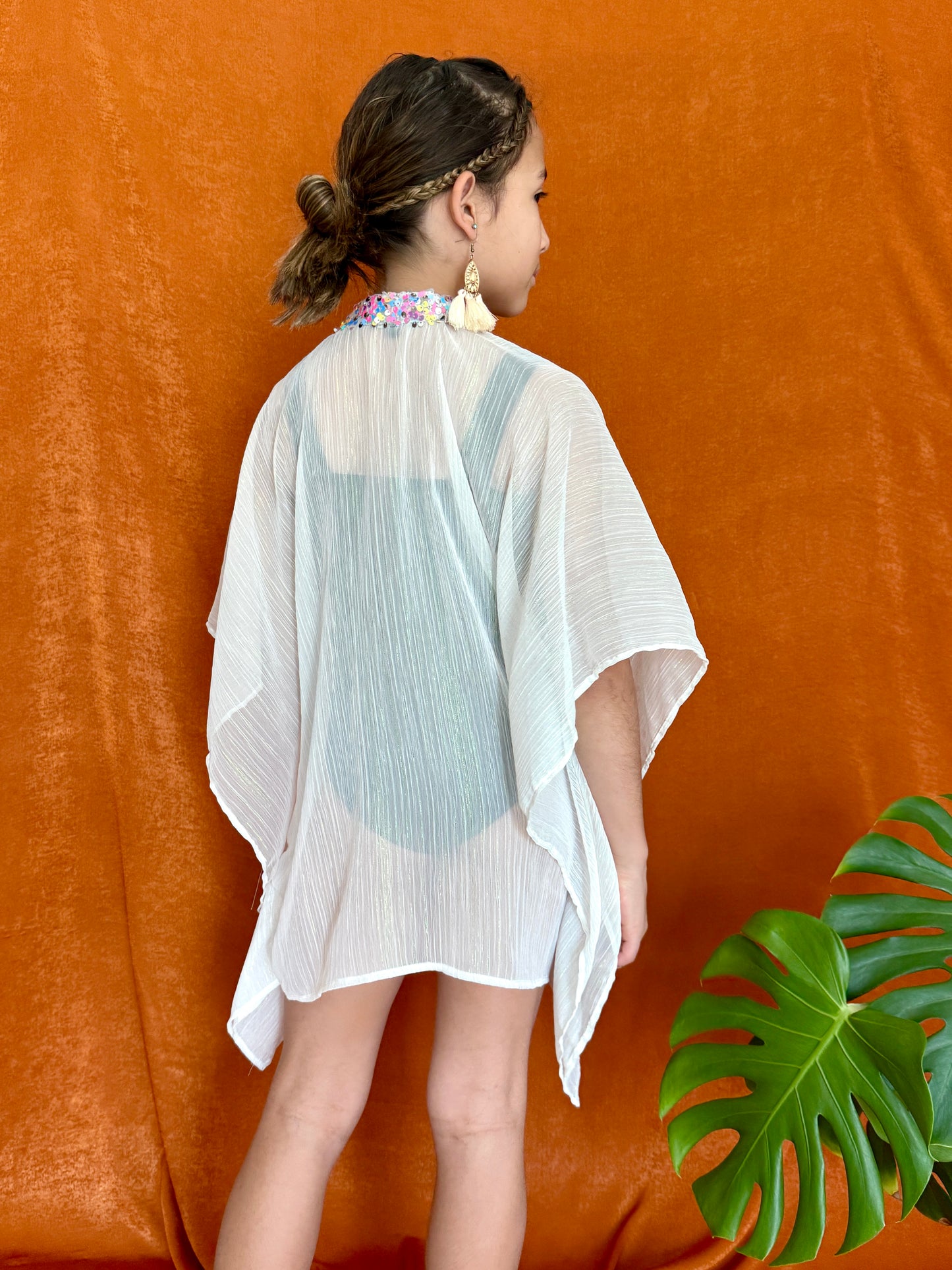 Nova girls resort & beach kaftan in white chiffon with rainbow sparkle neckline