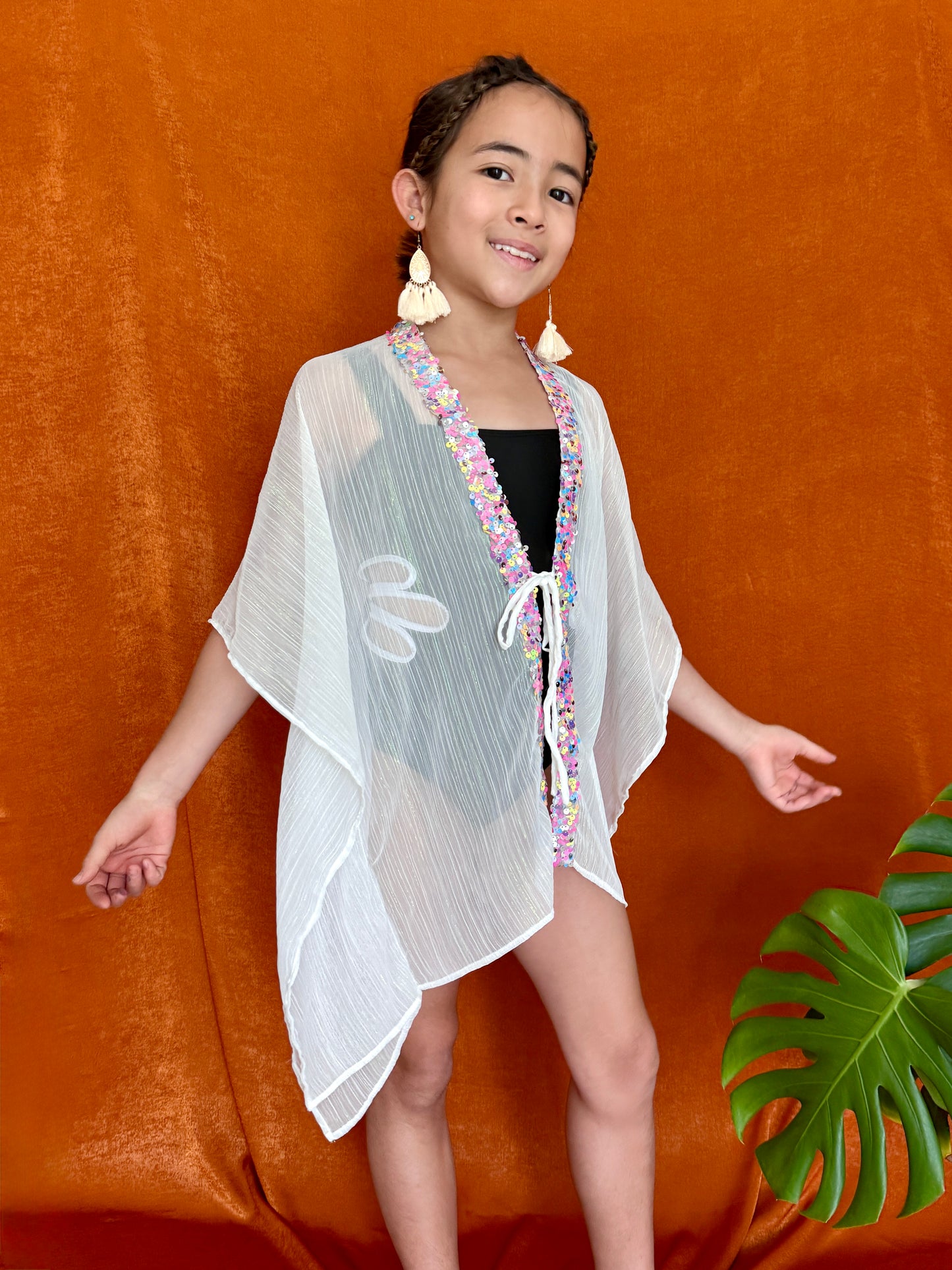 Nova flowy girls beach kaftan cover-up with rainbow sequins for dubai beach days