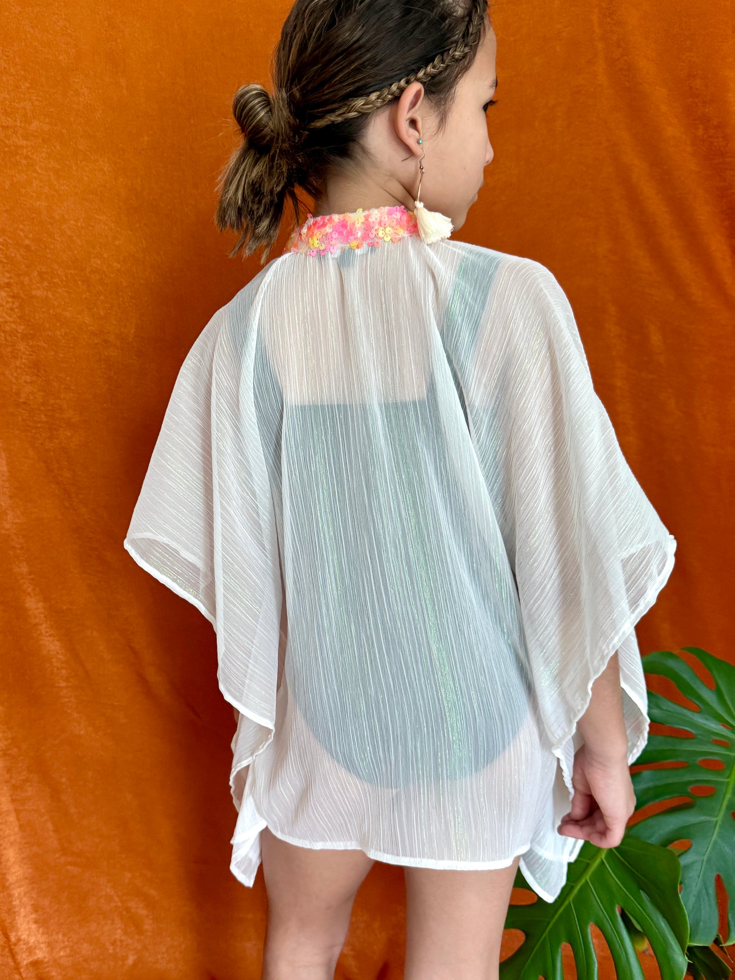 Riri girls beach kaftan – sparkly white beachwear for kids with hand-sewn sequin neckline, Dubai beach & pool style