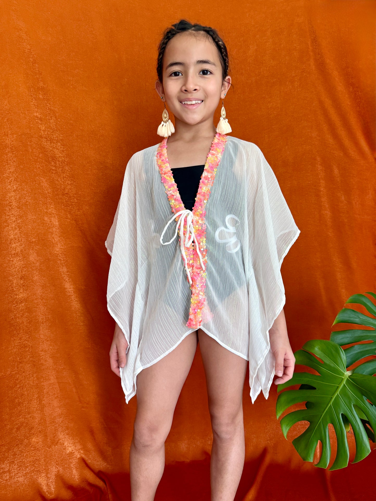 Eco-friendly kids beach kaftan – white chiffon cover-up for girls aged 8–10, made in Bali for girls in Dubai