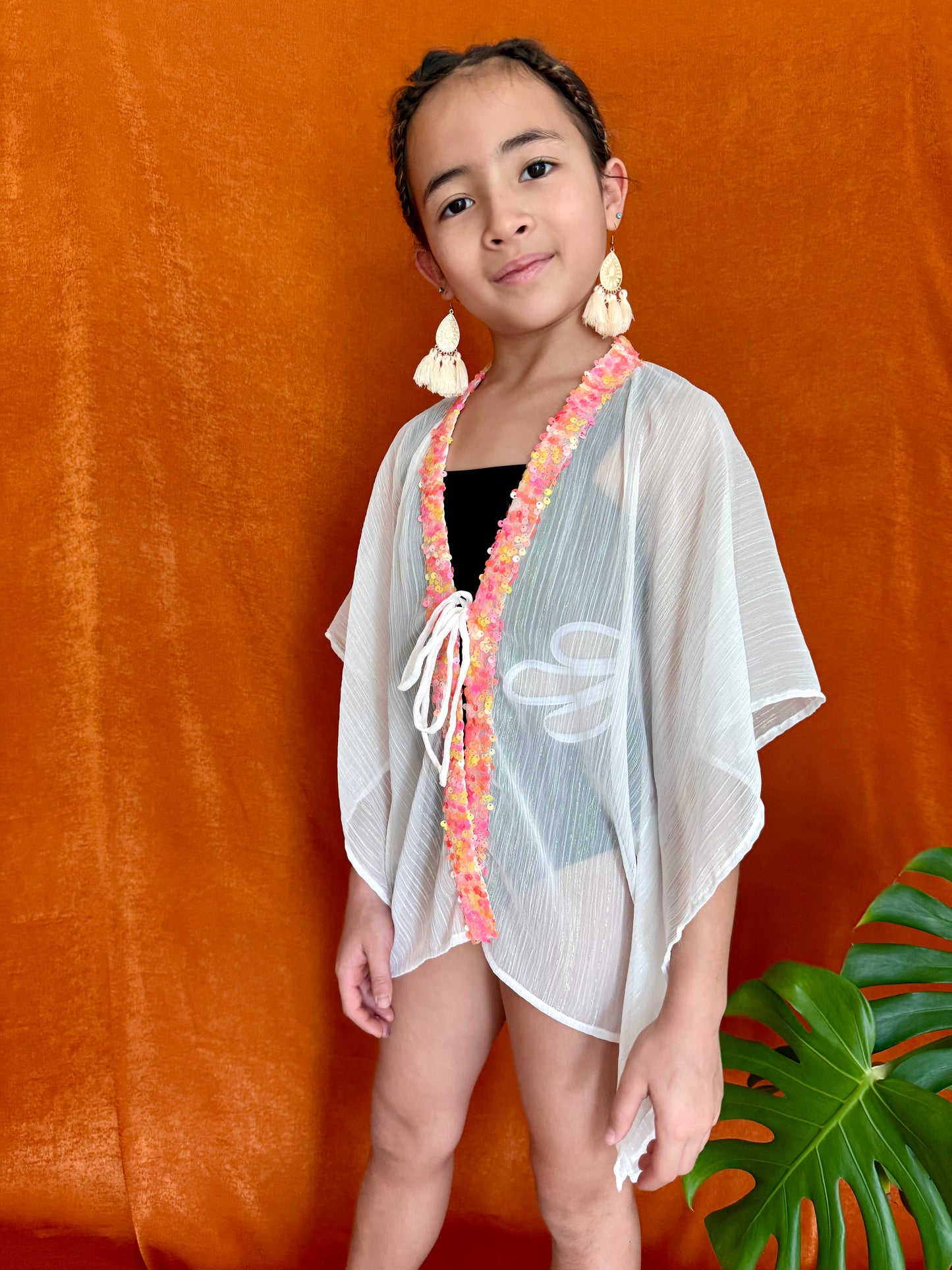 Handmade white chiffon kids kaftan with iridescent shimmer and sequin neckline – beachwear for girls in Dubai
