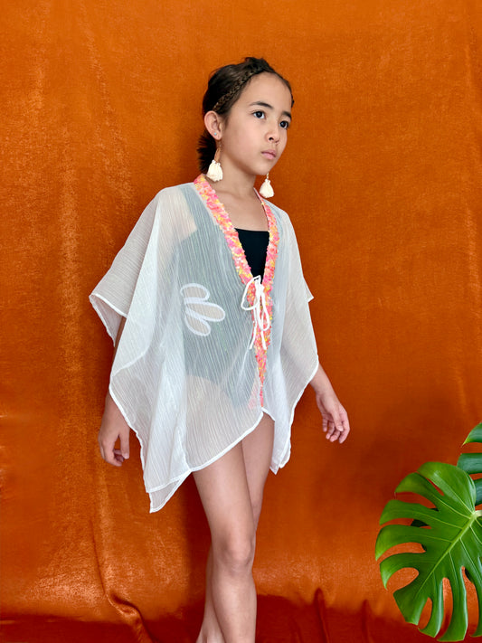 Girls Riri beach kaftan in white chiffon with orange and yellow sequins – best Dubai kids resortwear cover-up