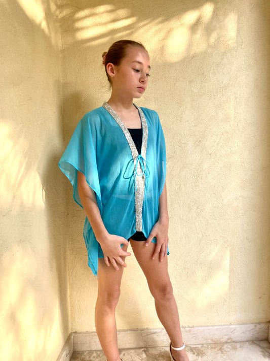 Blue girls beach kaftan with sequins – perfect kids beach outfit for Dubai and tropical getaways
