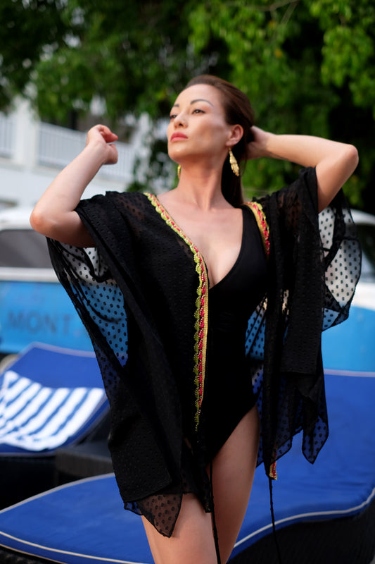 Saanvi women's beach cover-up kaftan with intricate neckline details, sustainably made in Bali for women looking where to buy beach kaftans in Dubai