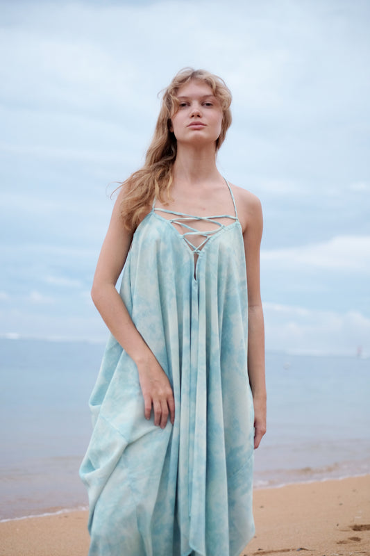 Seraphina Sky Blue Kaftan Dress styled as a halter dress with flowy chiffon fabric, made in Bali for stylish women in Dubai