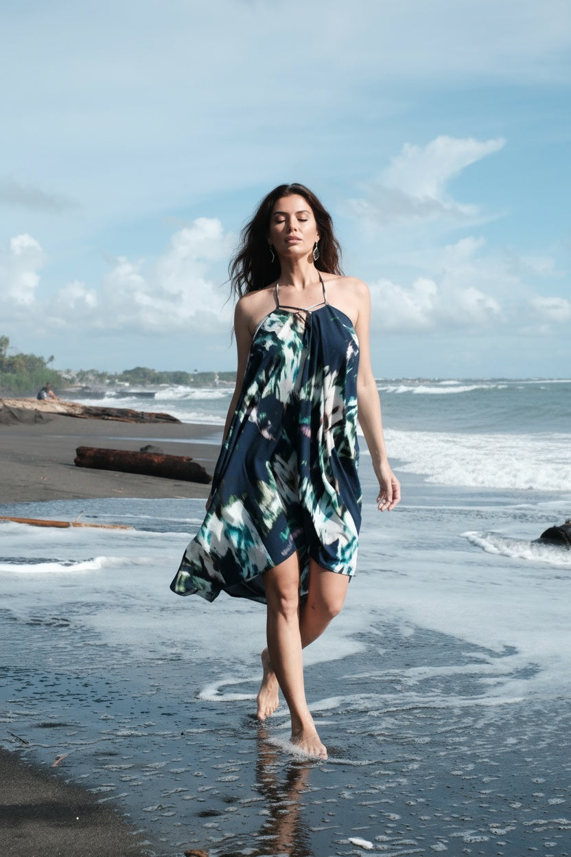 Beach kaftan worn as a halter dress, 2 in 1 luxury beach style for Dubai ladies