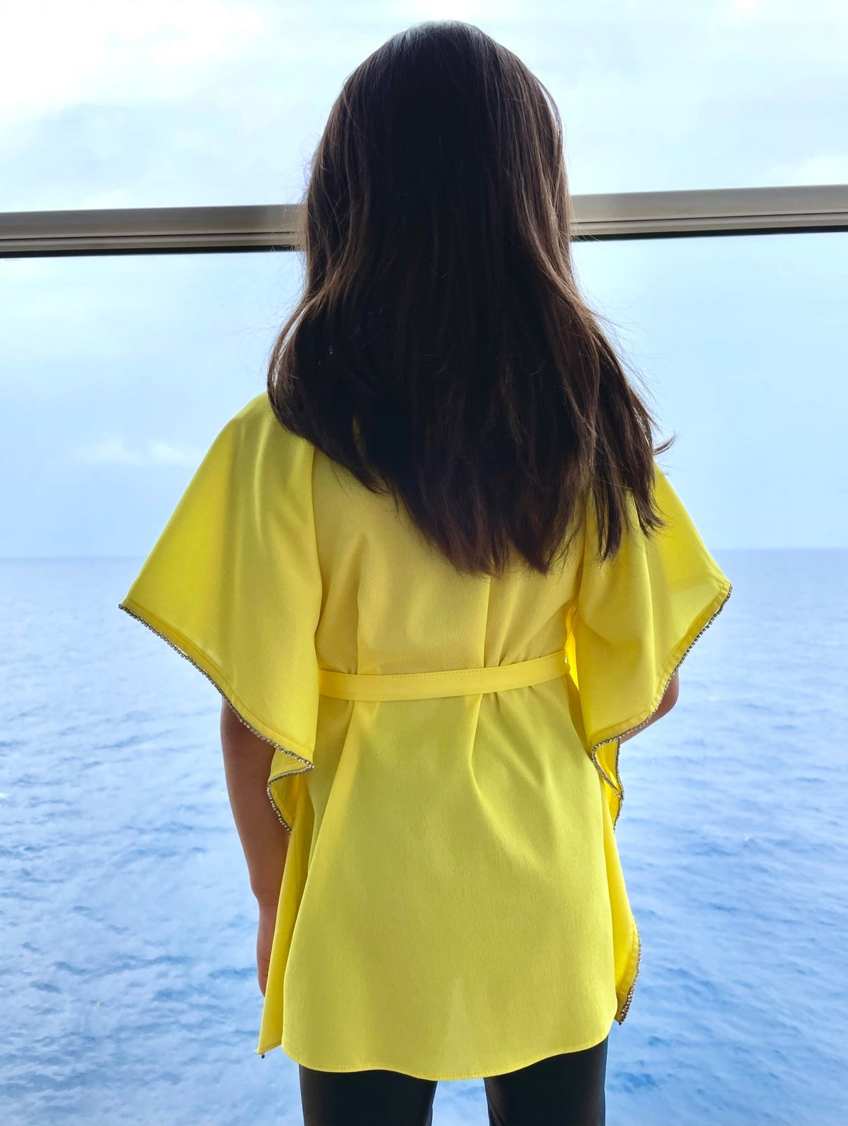 Back view of yellow belted kids beach kaftan for cruise holidays and dubai getaways
