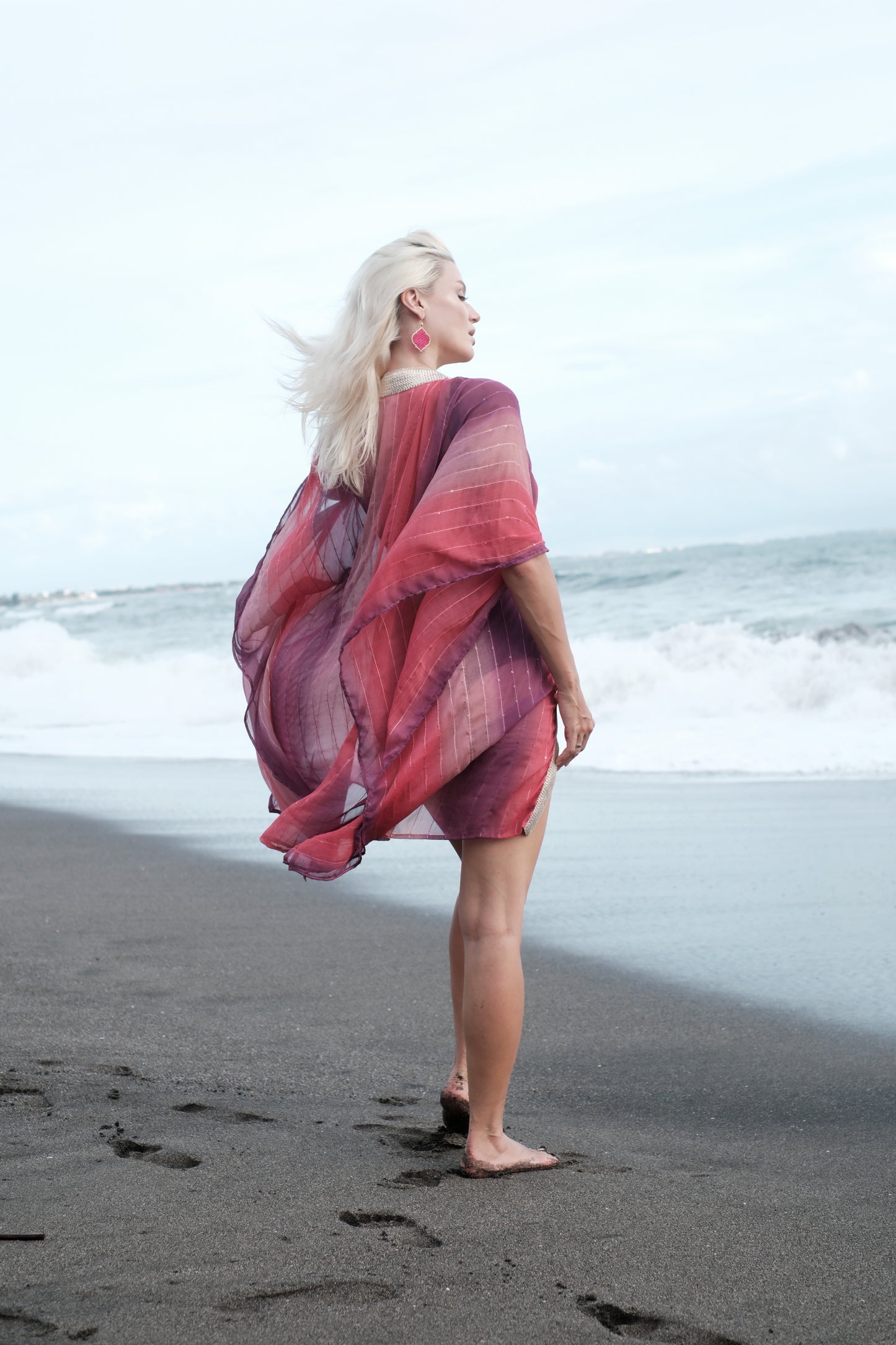 Glamorous beach kaftan for women in Dubai – ombre chiffon with sequins and gold trim, sustainable resort wear from Bali