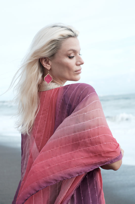 Women's beach kaftan in ombre chiffon with gold saree neckline – resort style beach kaftan Dubai