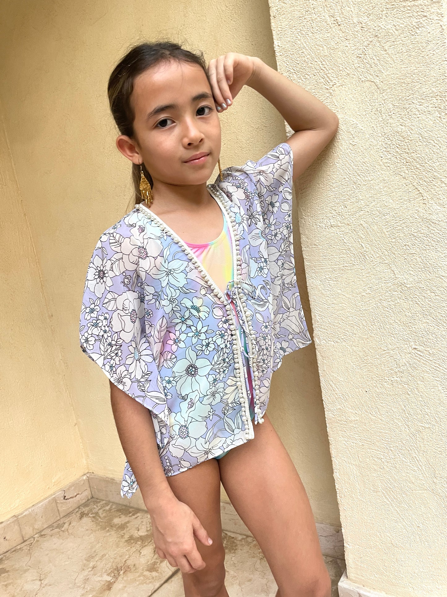 Sustainable kids beach kaftan with floral print – Leilani girls cover-up with pearl neckline trim in Dubai