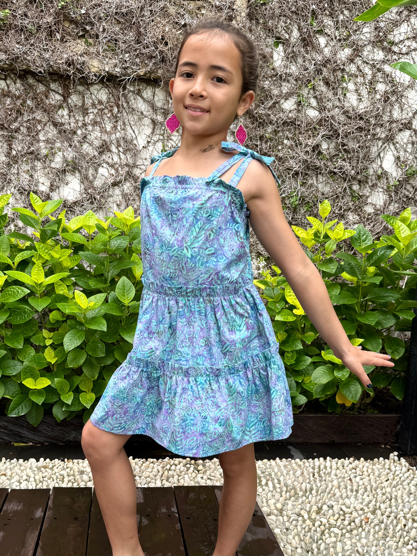 Handmade Bali kids batik cotton dress in blue & purple floral, adjustable straps for sustainable long-wear, for girls in Dubai
