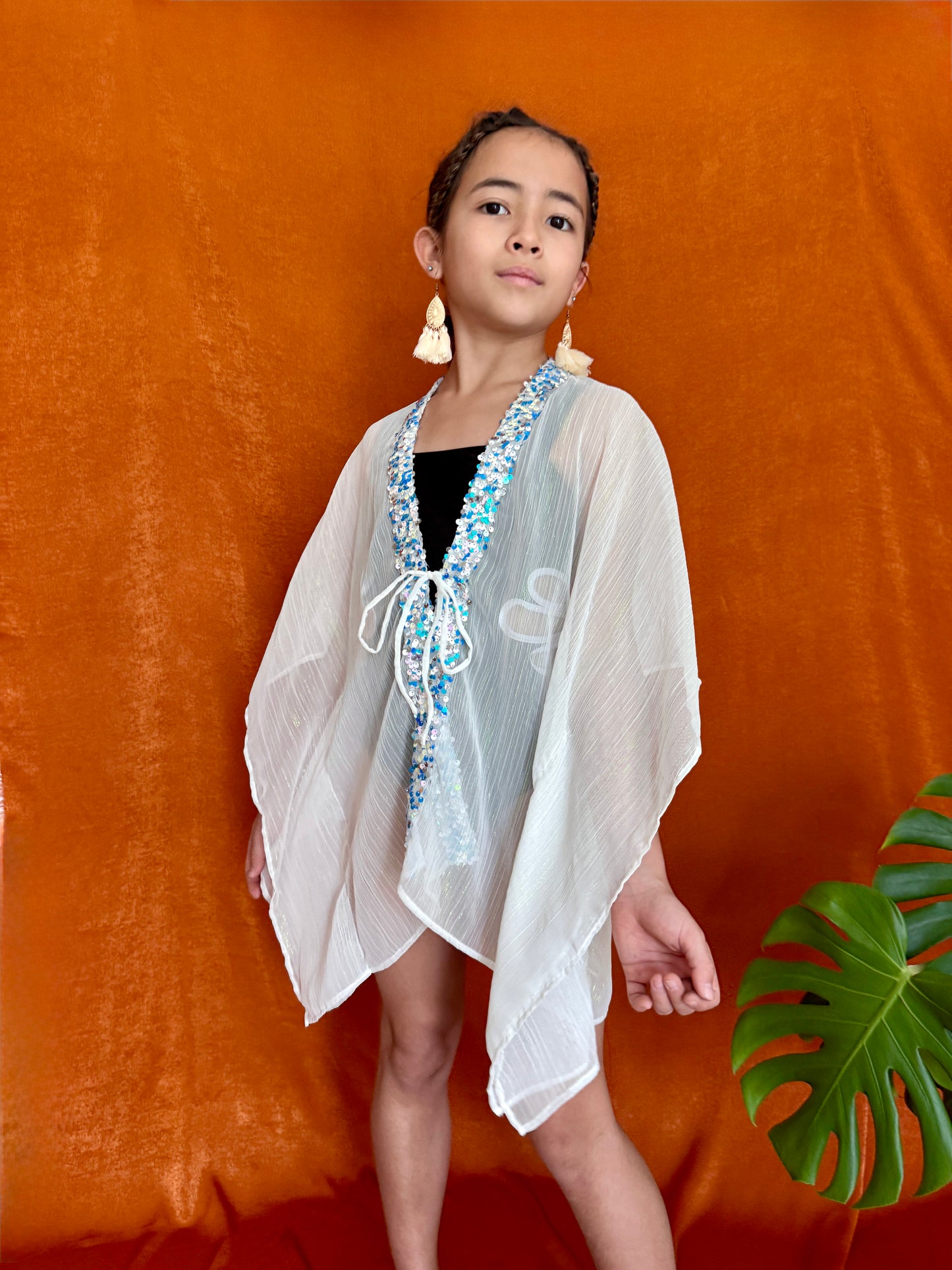 ethical kids beachwear fashion in dubai - Vivi white chiffon beach kaftan with sequin trim