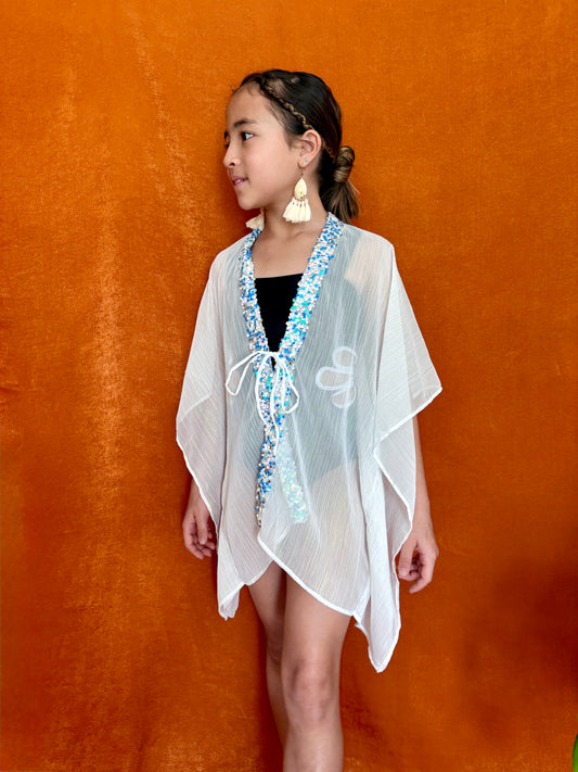 Vivi girls white beach coverup kaftan with shimmer and blue purple trim dubai