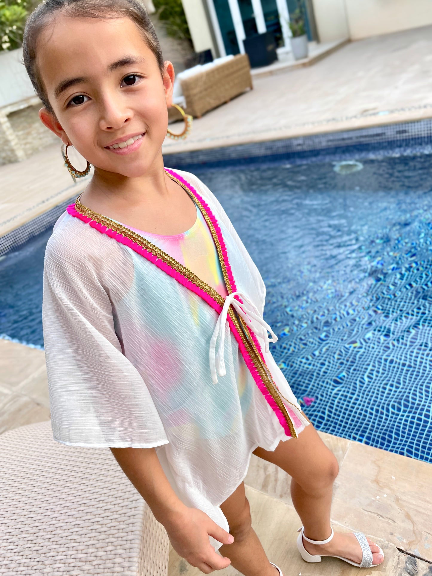 aisha kids beach kaftan white chiffon hot pink tassel sustainable slow fashion dubai