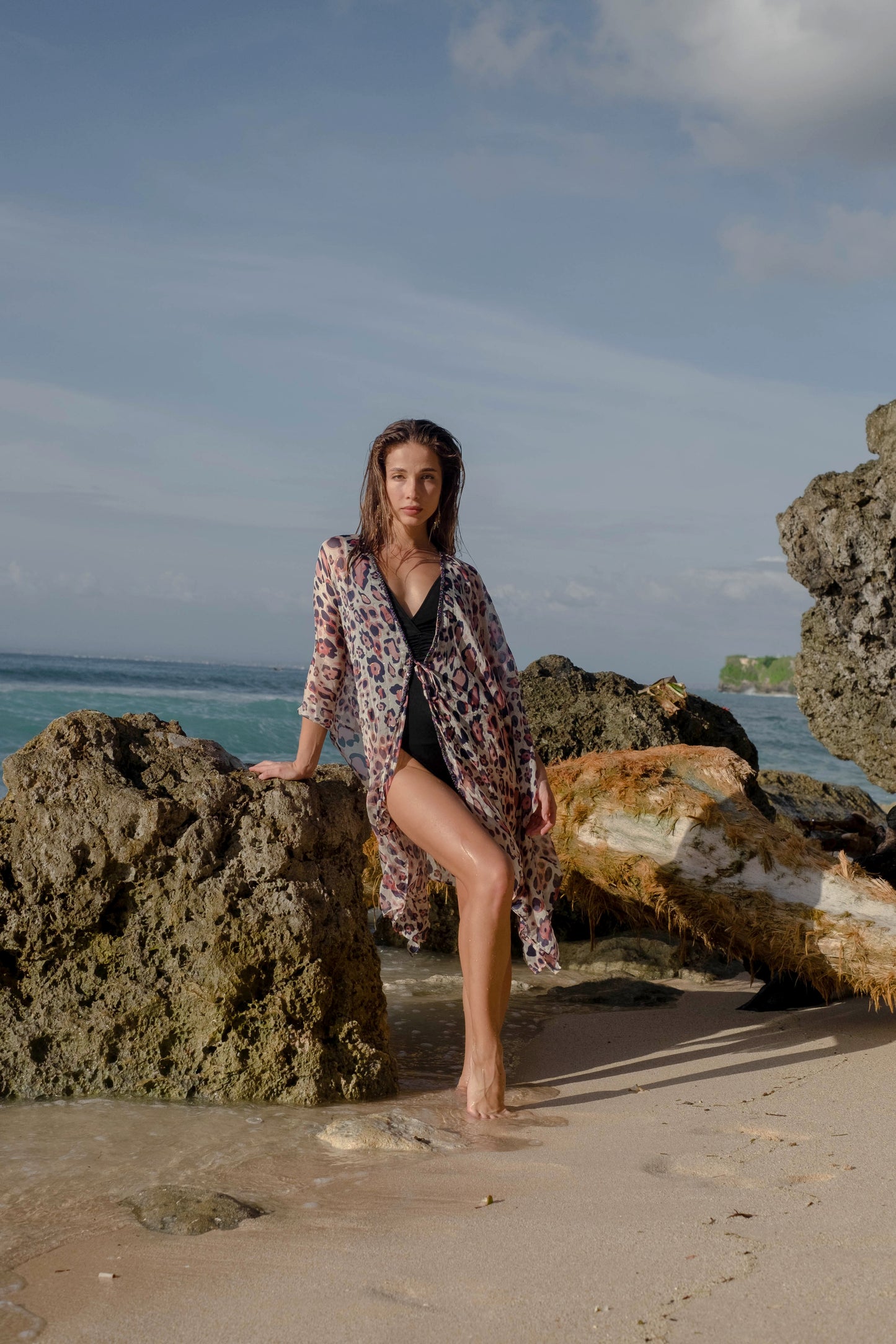 Lightweight silk chiffon Alina resort wear kaftan for Dubai's beaches and pools, sustainable beach kaftans made in Bali for women in Dubai