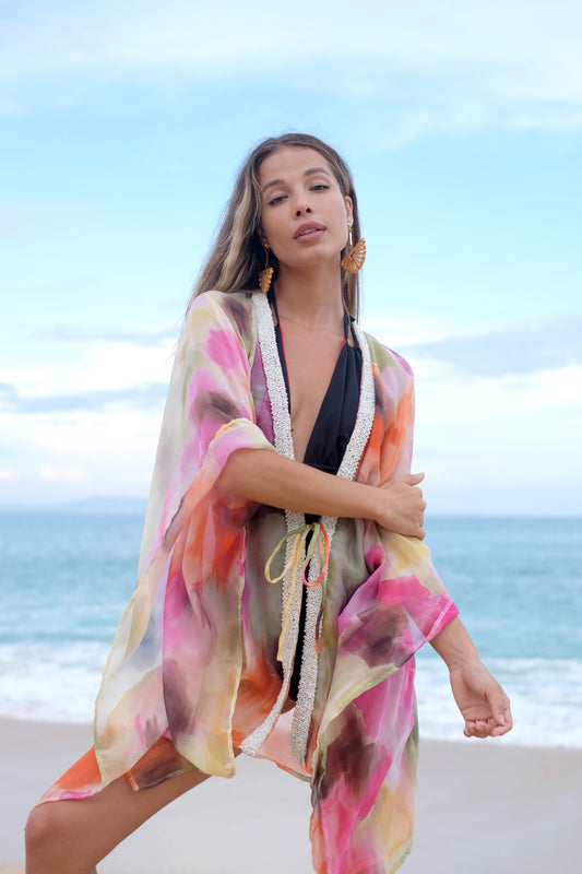 Chic and airy beach cover-up kaftan with hand-sewn beaded detail, for women looking for beach kaftans in Dubai