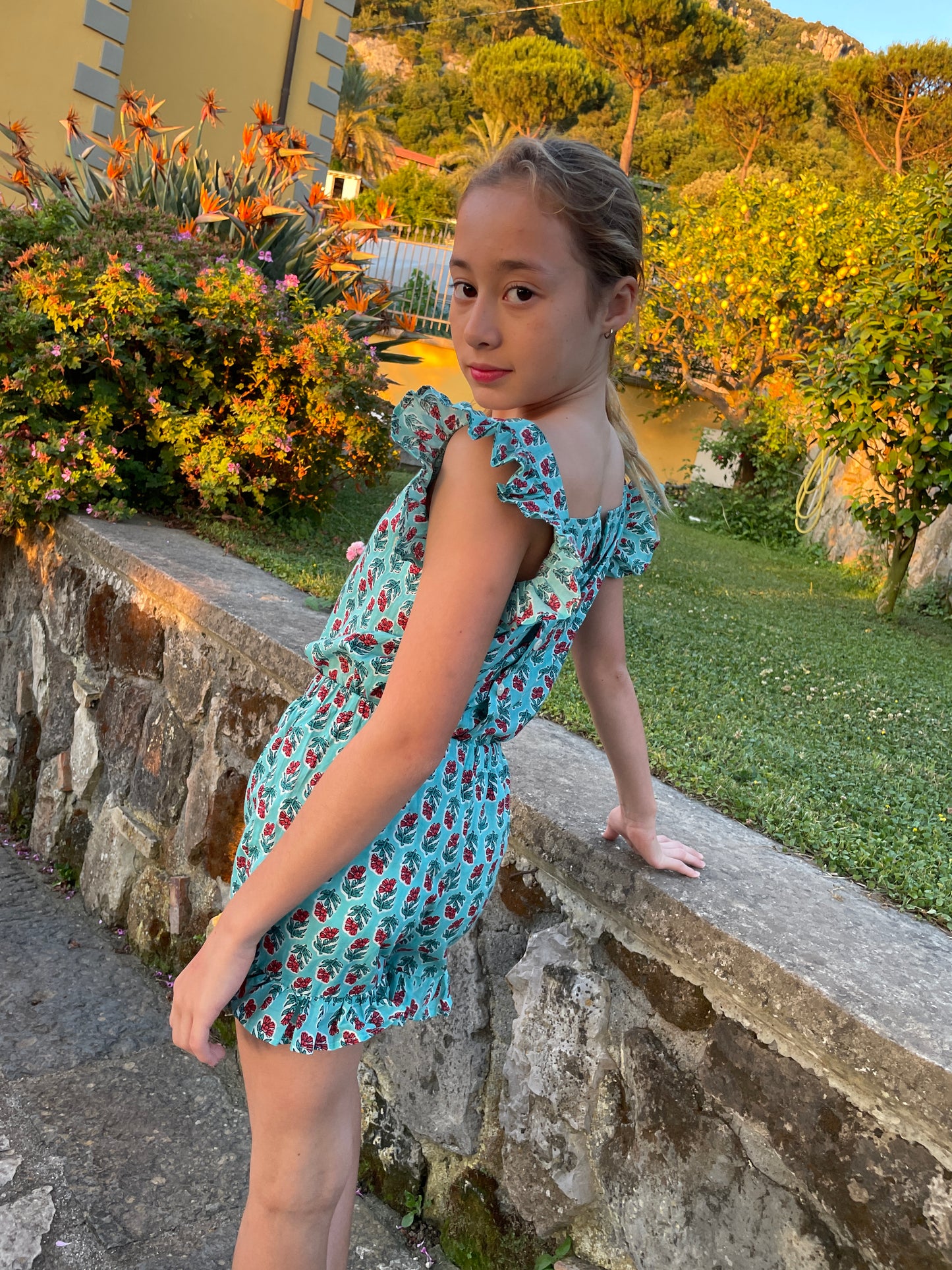 artisan made kids two-piece summer set in green red floral block print pattern for girls in Dubai