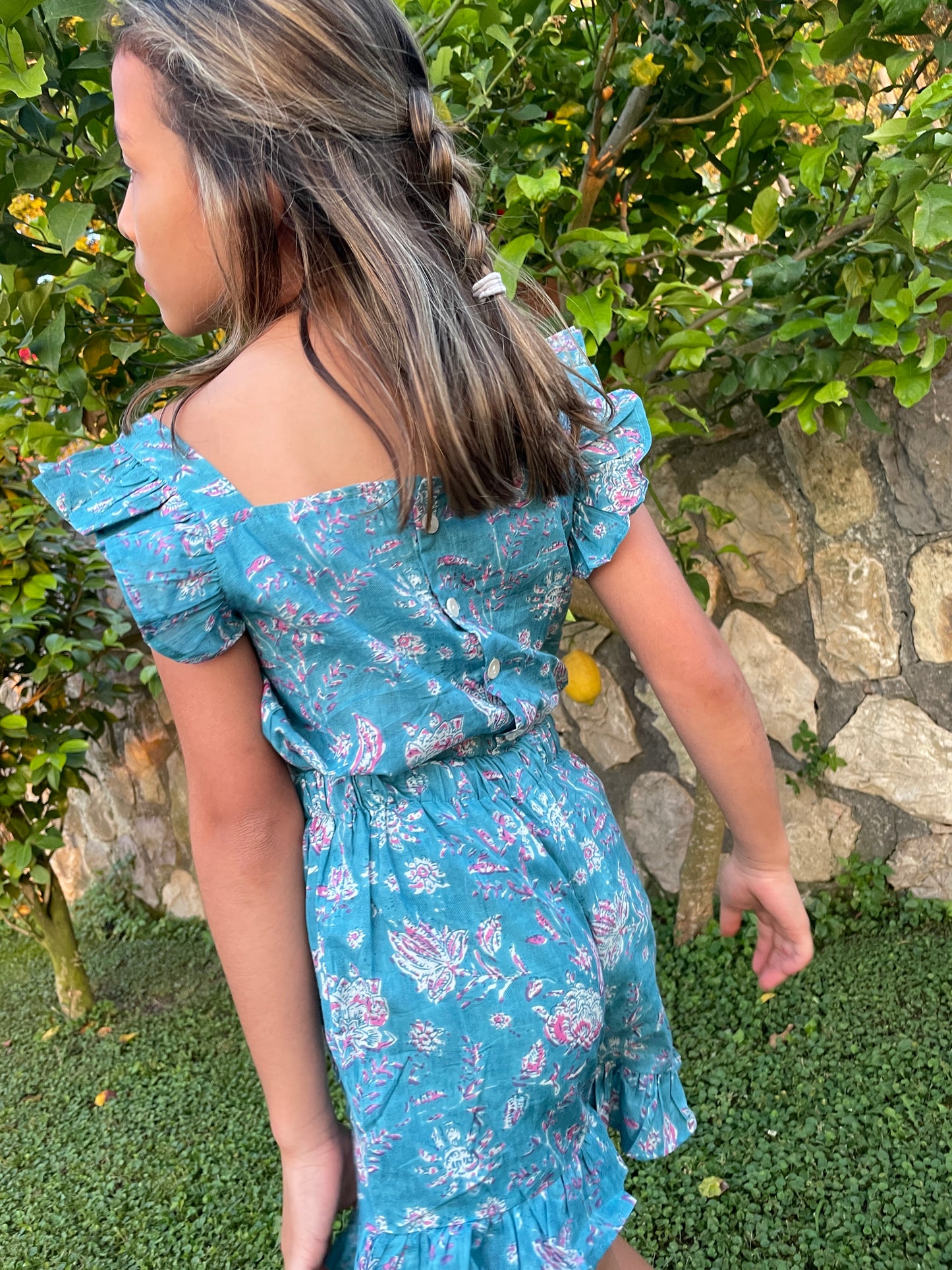 Indian artisan made kids two-piece summer set in teal pink floral block print pattern for girls 3-10 years in dubai