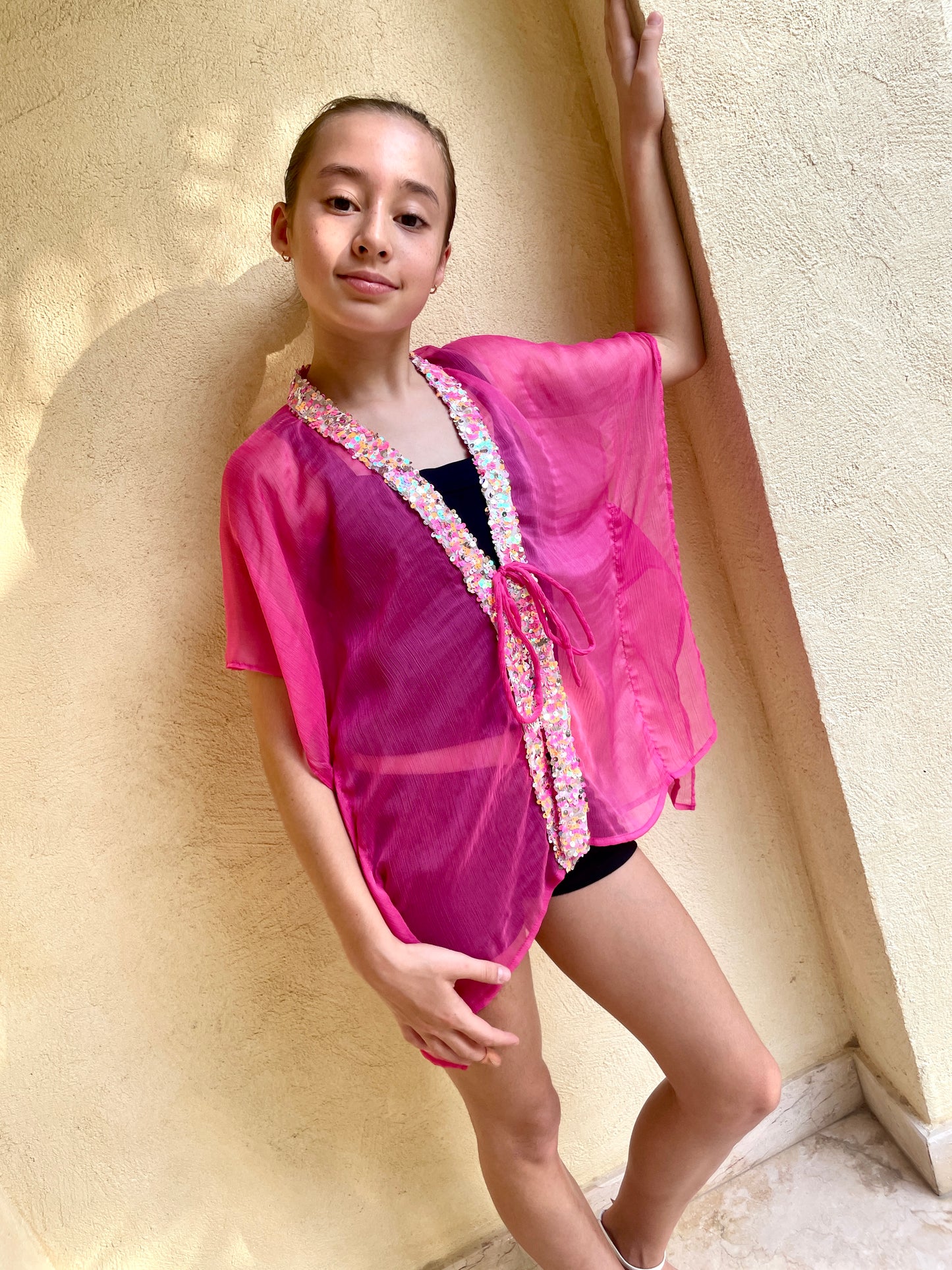 Pink kids beach kaftan with sequin confetti – sustainable slow-made resort wear for girls in Dubai