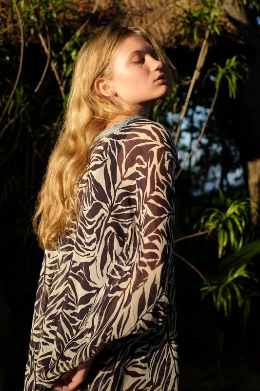 Keisha zebra print silk chiffon beach kaftan, elegant beachwear & resort wear for Dubai’s beaches.