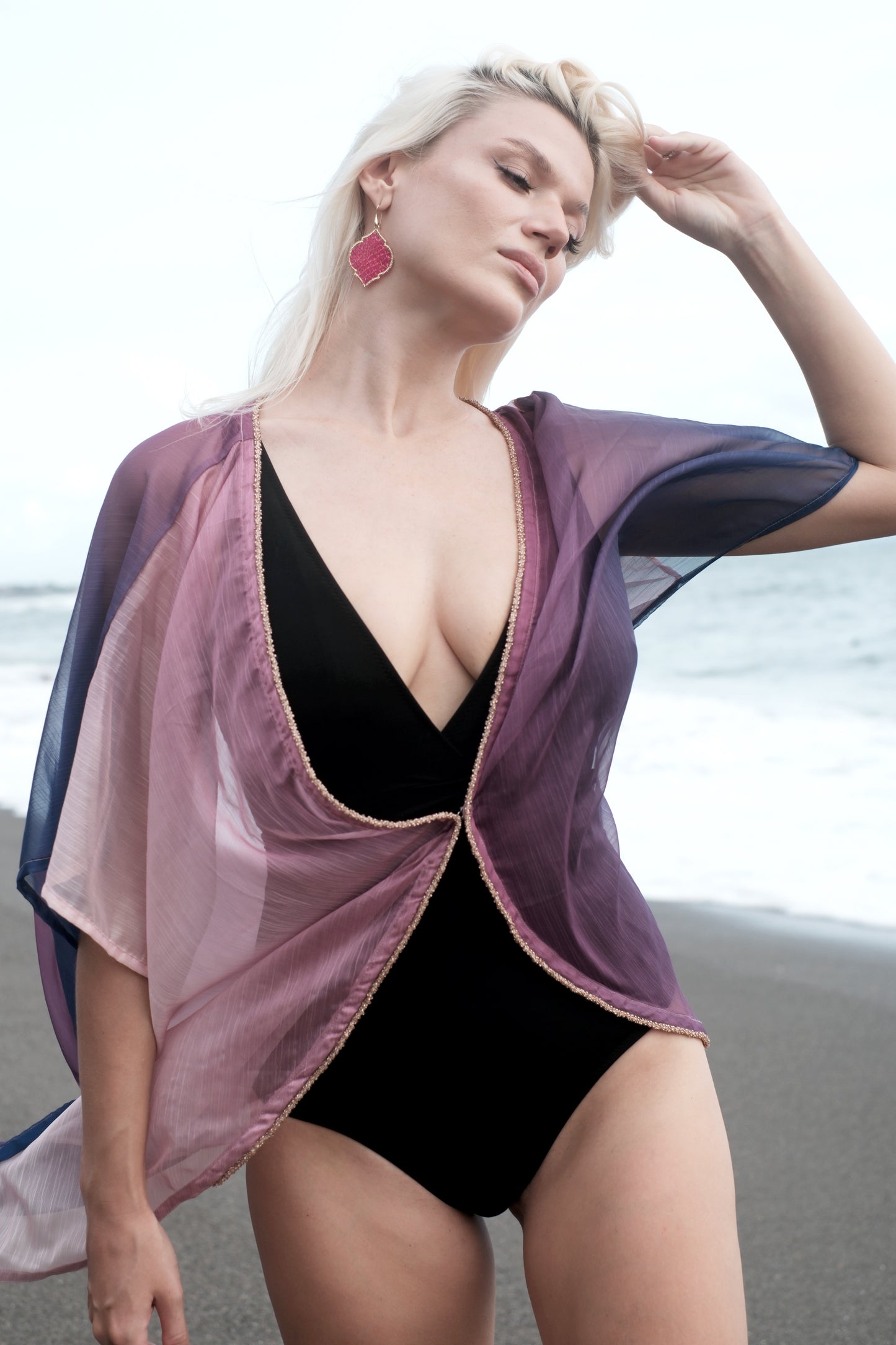 Elegant kimono beach kaftan with rose gold trim, perfect for luxury holidays in Dubai