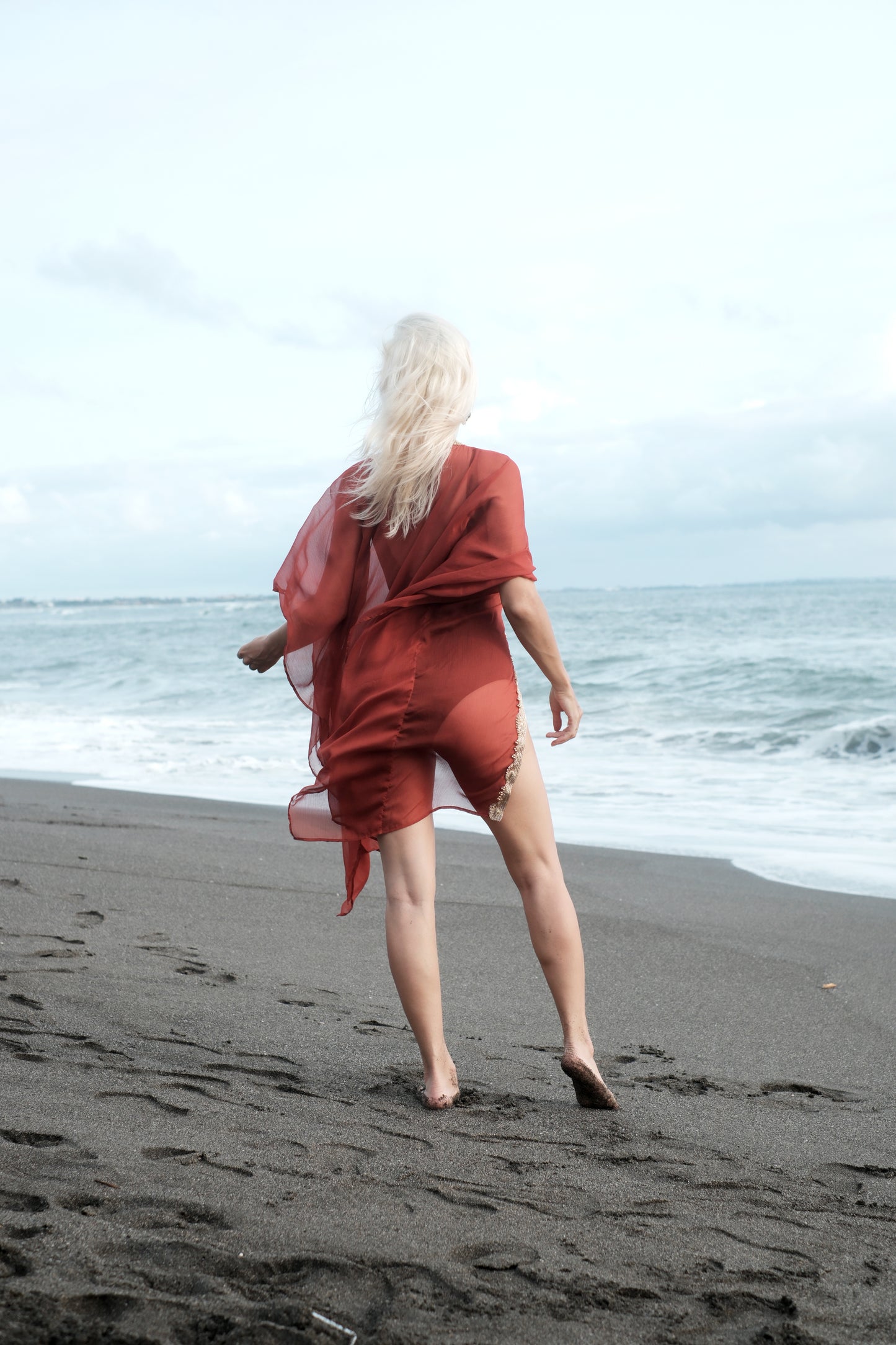 Stylish kaftan beach cover up with gold saree trim, sustainably made in Bali, Dubai resort ready