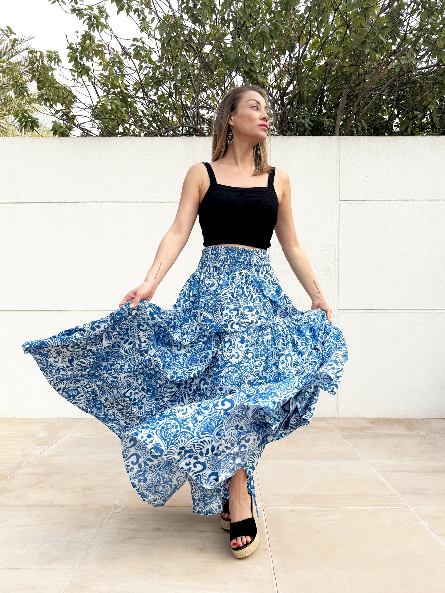 Ethical resort wear made from artisan block print from India, the Gaia maxi skirt for women is available in Dubai