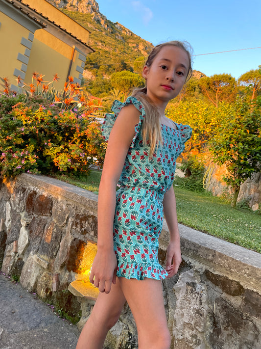 hand-stamped block printed green red floral coord set for girls 3-10 years sustainable fashion in Dubai