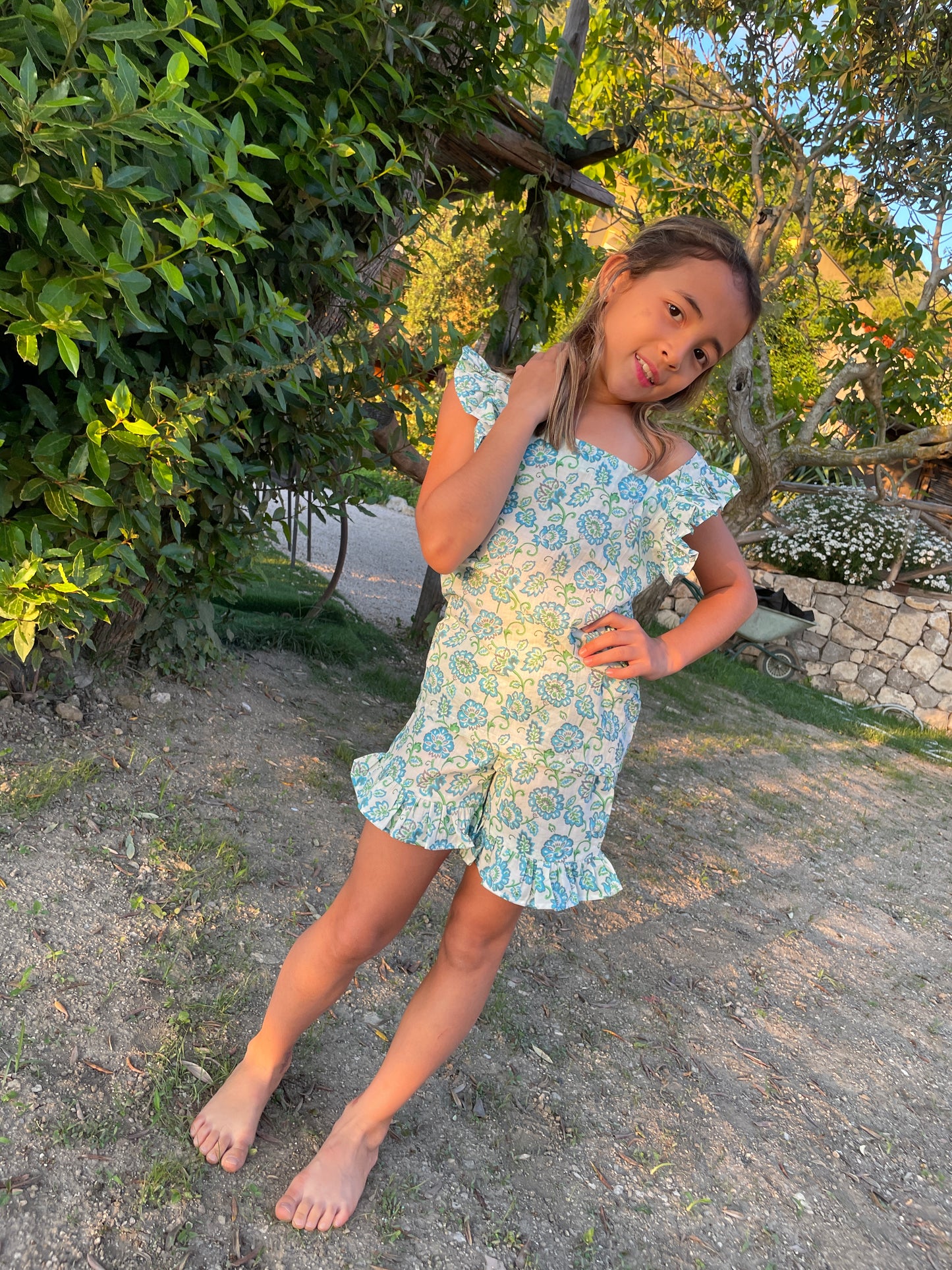 sustainable girls outfit for beach and resort wear with fluttery sleeves and shorts for kids in dubai