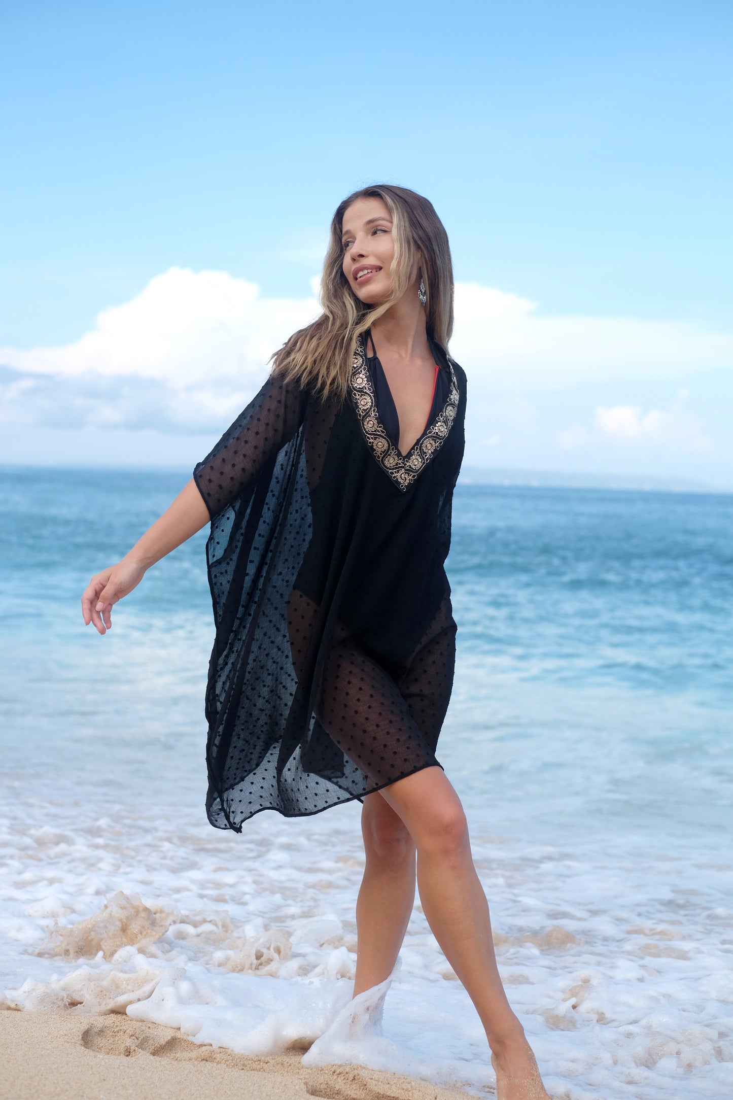 Shop Sanya V-Neck Black Kaftan, eco-friendly luxury made in Bali, perfect for Dubai beach days and resort vacations.