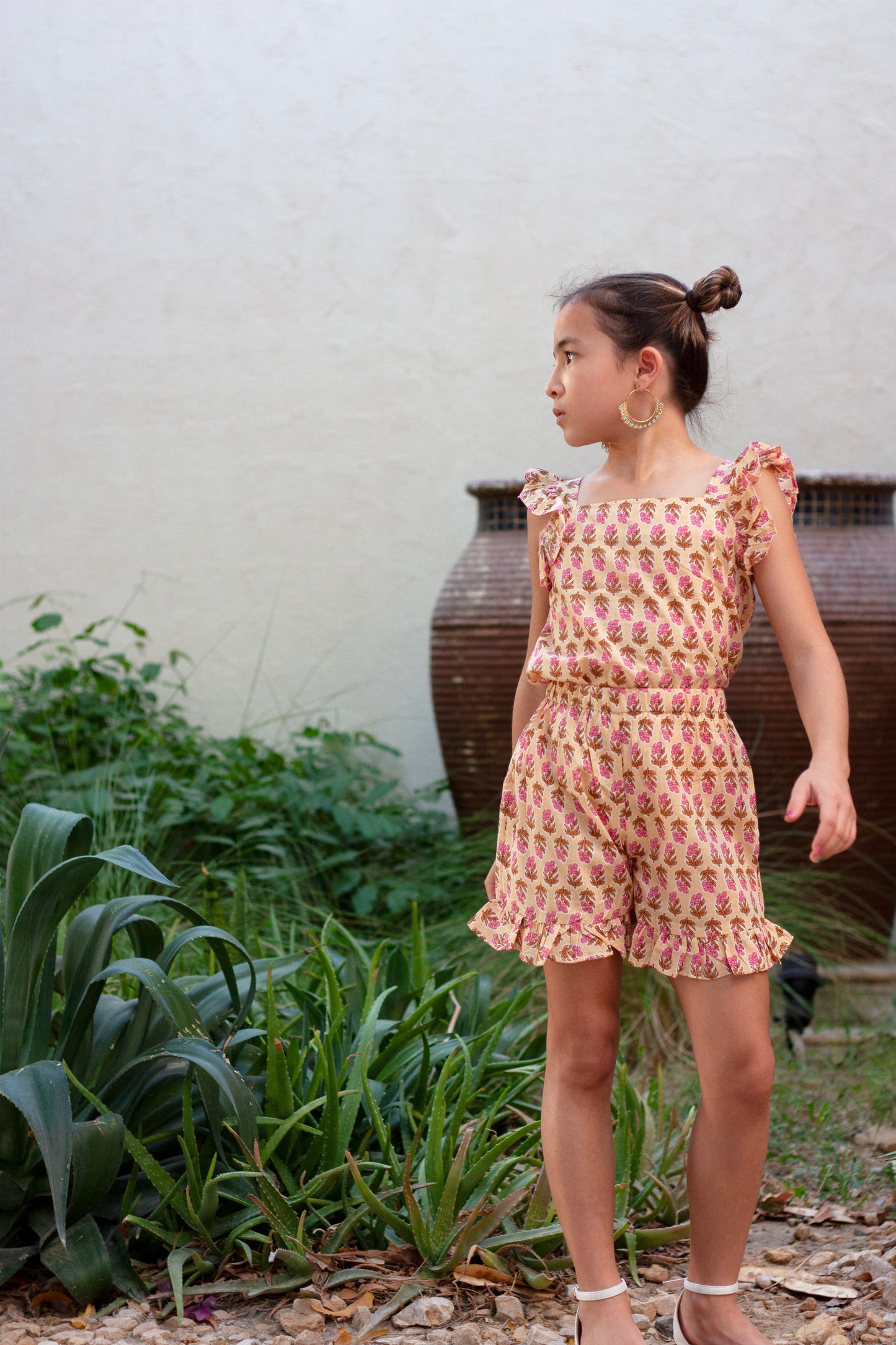 Artisan made kids two-piece summer set in yellow & pink floral batik pattern for girls in Dubai