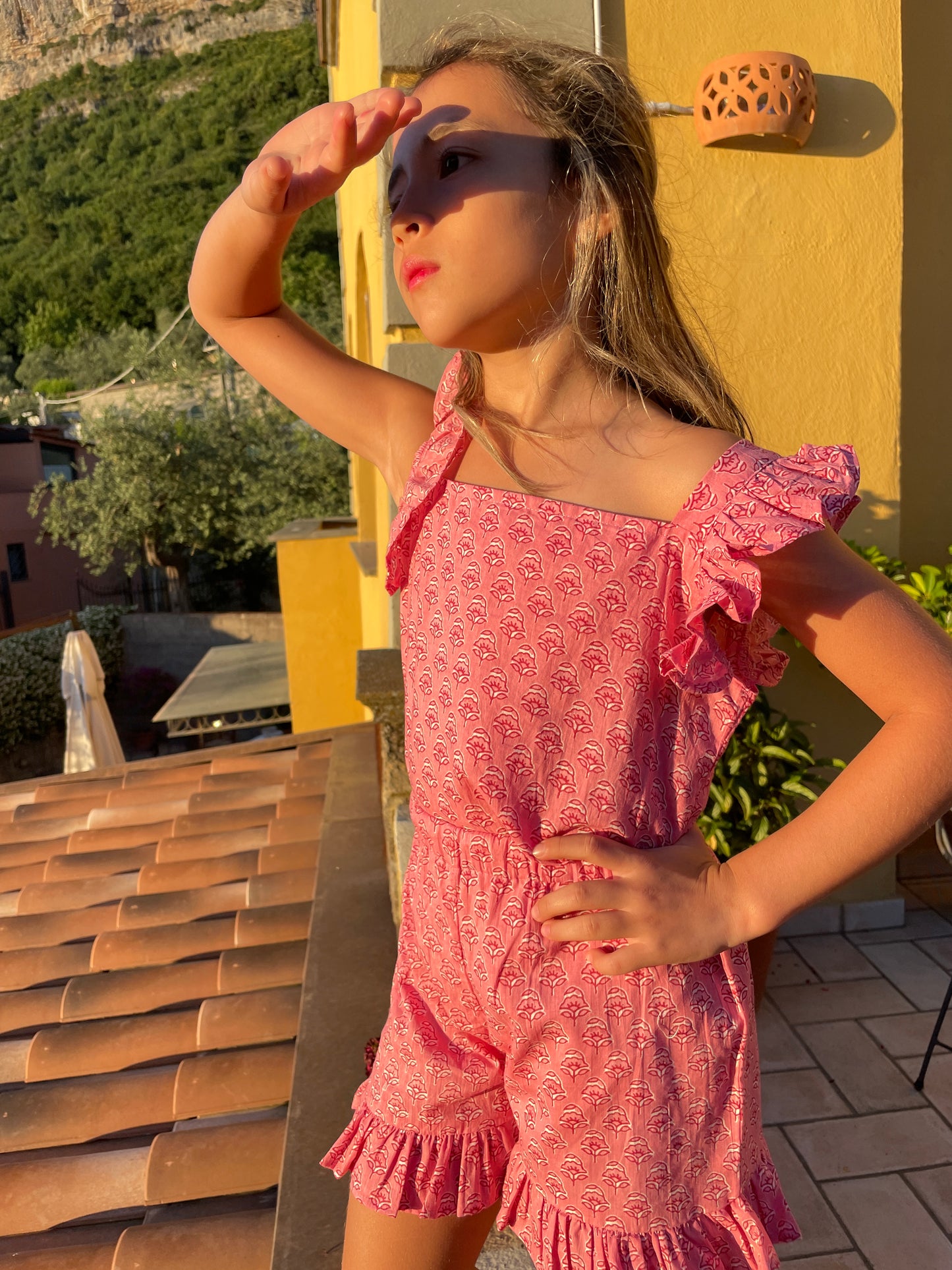 Dubai girls fashionable coord set in pink floral with ruffled sleeves and shorts
